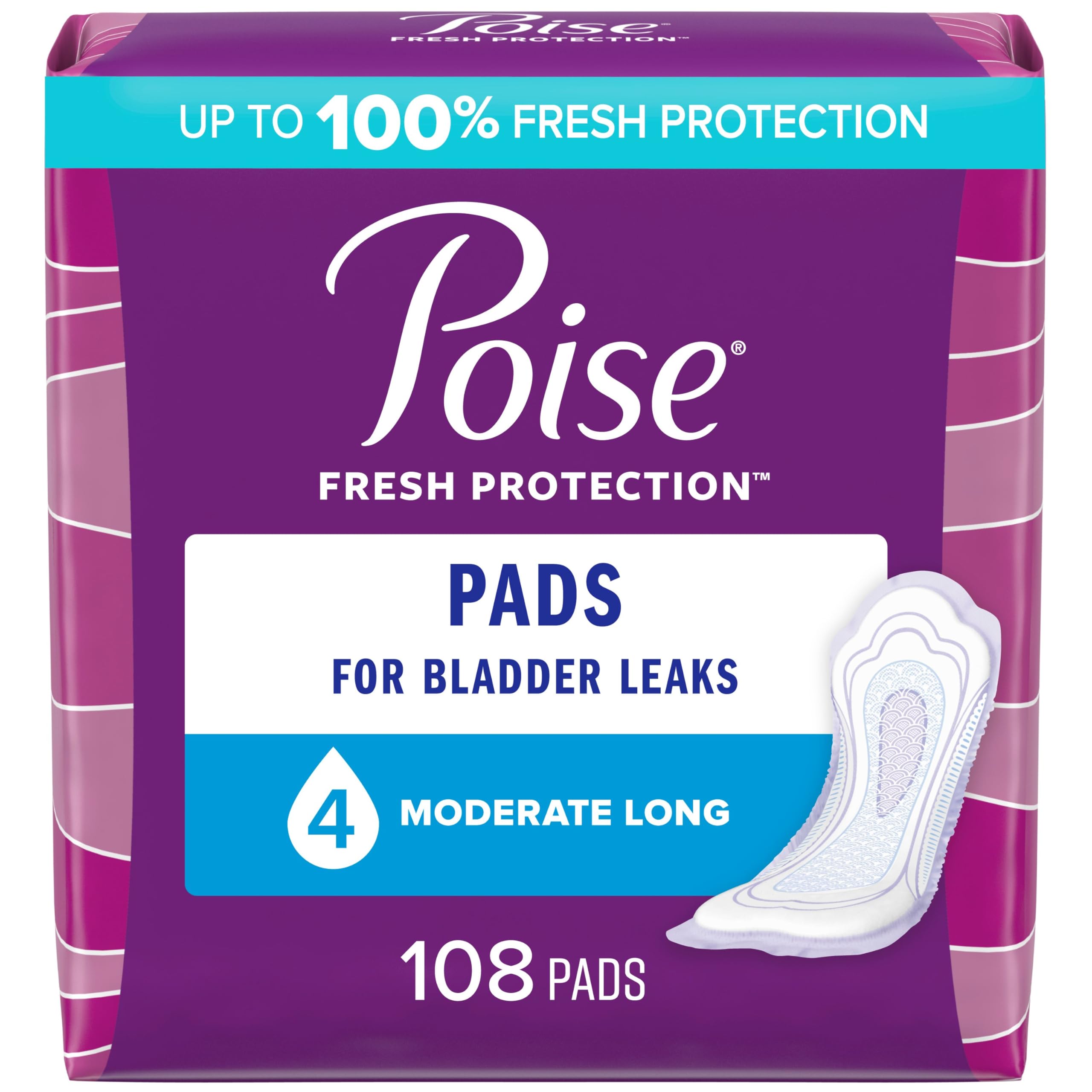 Poise Incontinence Pads & Postpartum Incontinence Pads, 4 Drop Moderate Absorbency, Long Length, 108 Count (2 Packs of 54), Packaging May Vary Visit the Poise Store