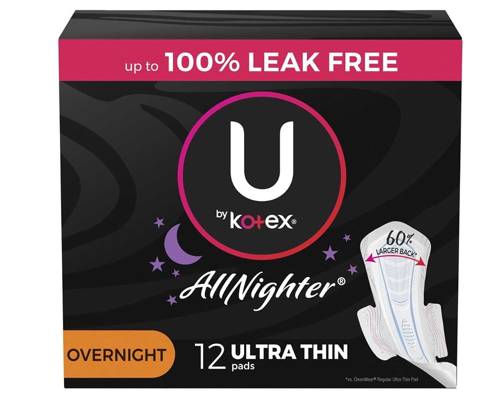 U by Kotex AllNighter Ultra Thin Overnight Pads with Wings, 12 Count Kotex