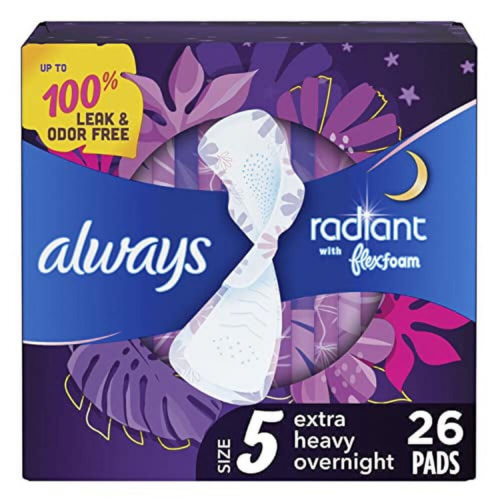 Always Radiant FlexFoam Pads for Women, Size 5, Extra Heavy Overnight Absorbency, 100% Leak & Odor Free Protection is possible, with Wings, Scented, 26 count Visit the Always Store