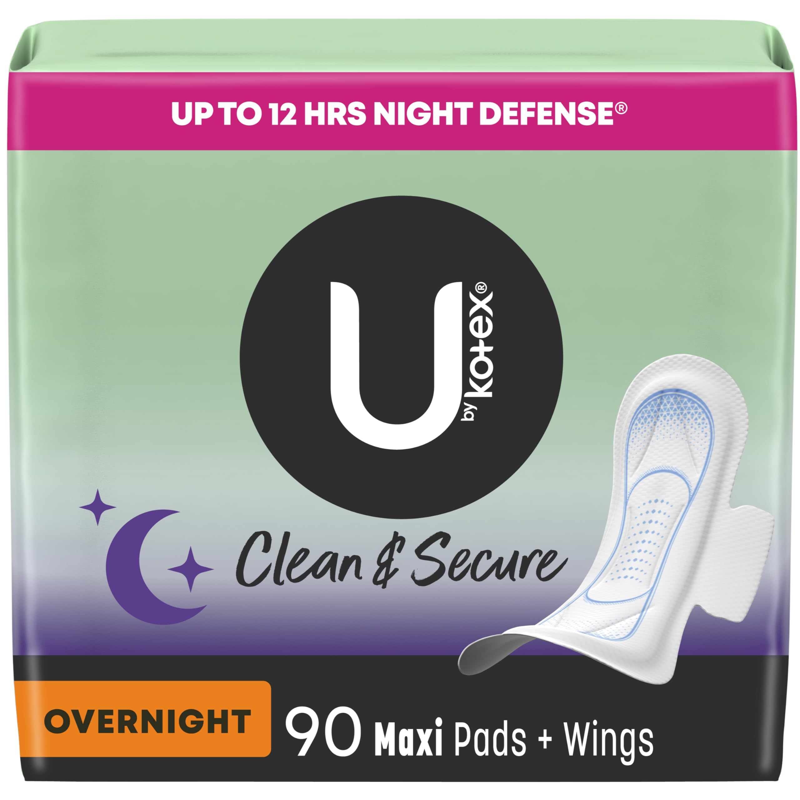 U by Kotex Clean & Secure Overnight Maxi Pads with Wings, 90 Count (3 Packs of 30) (Packaging May Vary) Kotex