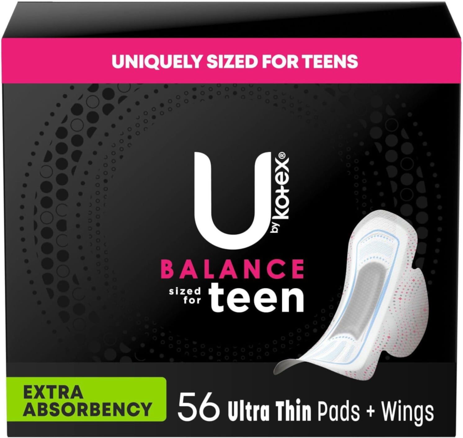 U by Kotex Balance Sized for Teens Ultra Thin Pads with Wings, Heavy Absorbency, 56 Count (4 Packs of 14) (Packaging May Vary) Kotex