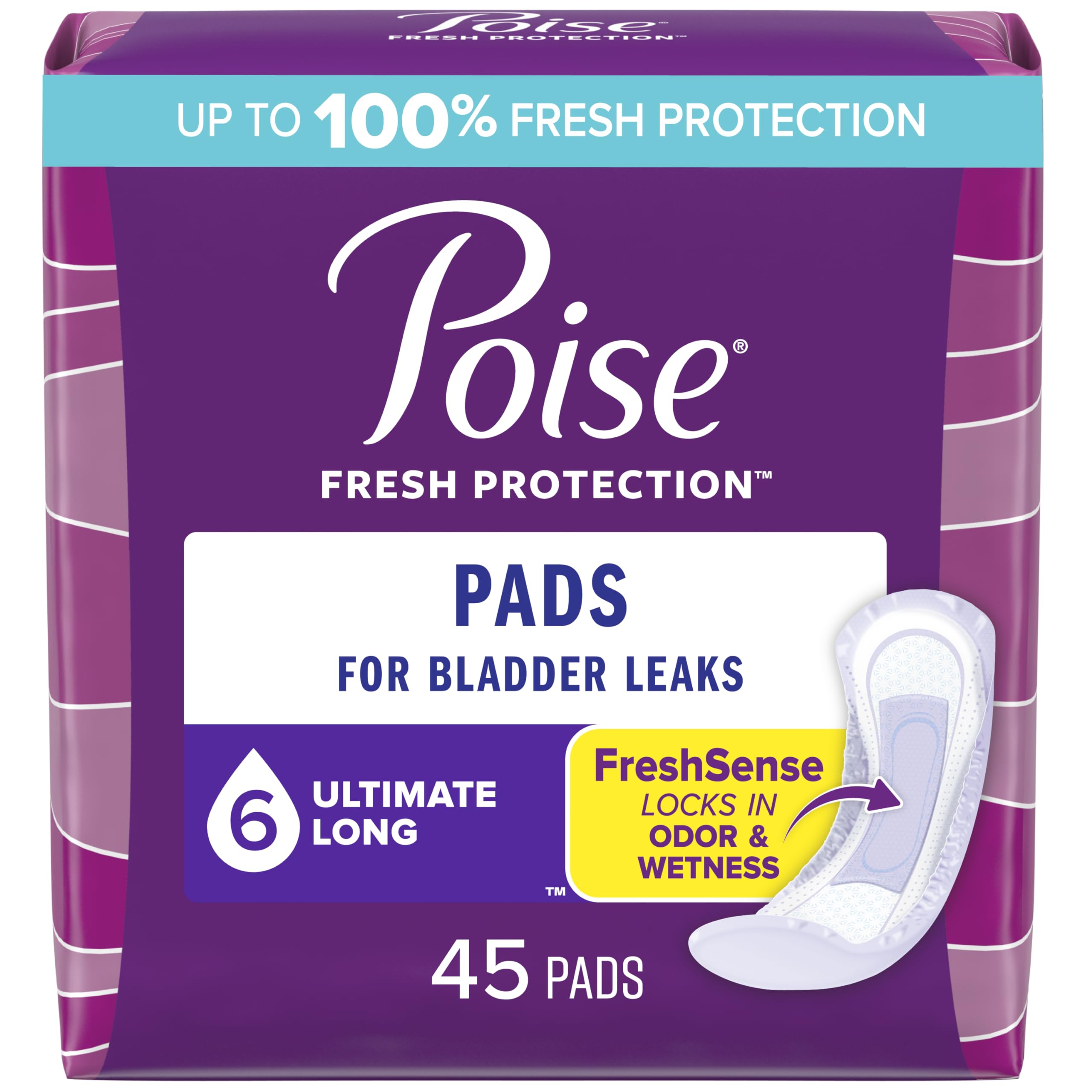 Poise Incontinence Pads & Postpartum Incontinence Pads, 6 Drop Ultimate Absorbency, Long Length, 45 Count, Packaging May Vary RDD10 Poise