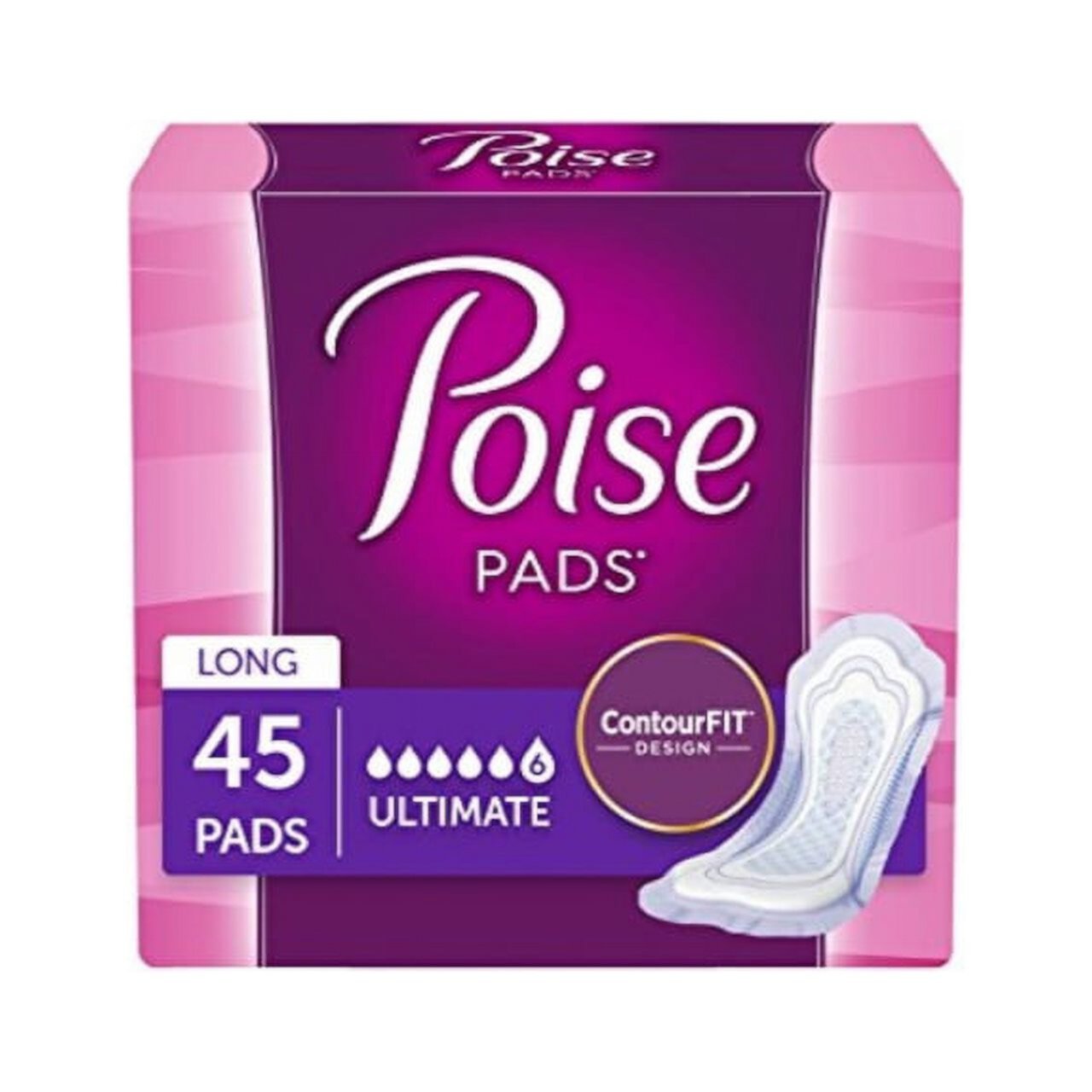 Poise Incontinence Pads, Original Design, Ultimate Absorbency, Long, 45 Count Poise