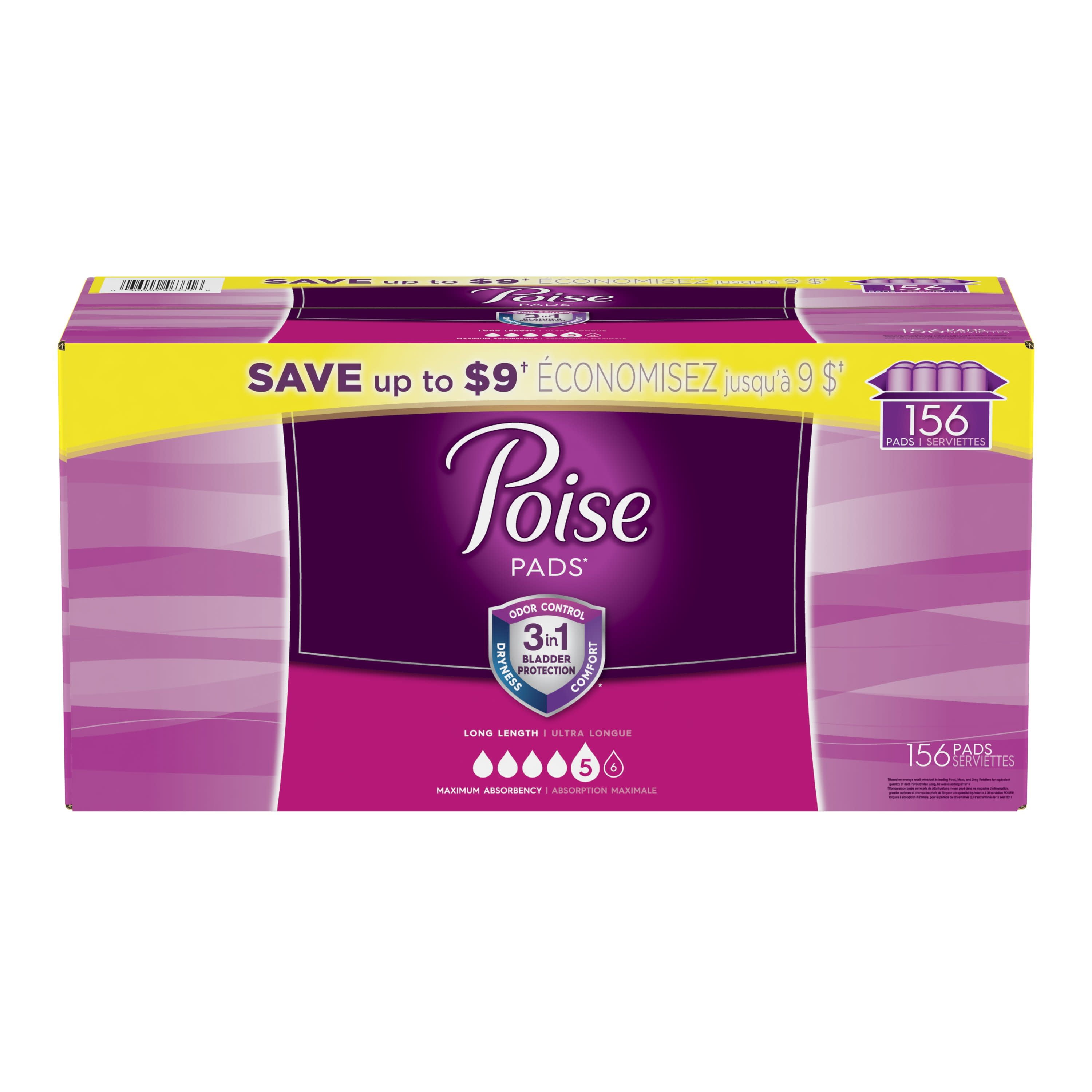 Poise Incontinence Pads, Maximum Absorbency, Long, 156 Count Poise