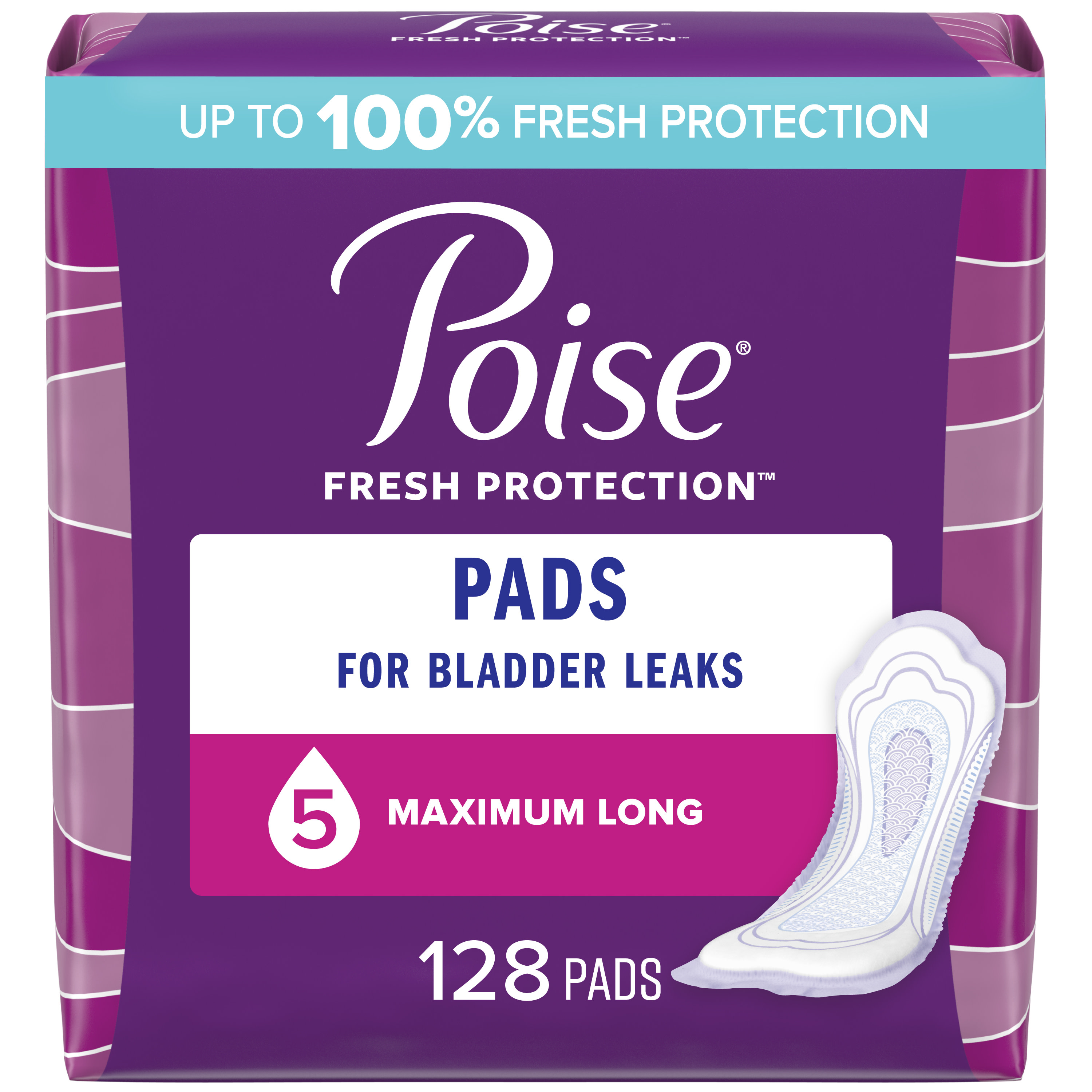 Poise Incontinence Pads for Women, 5 Drop, Maximum Absorbency, Long, 128Ct Poise