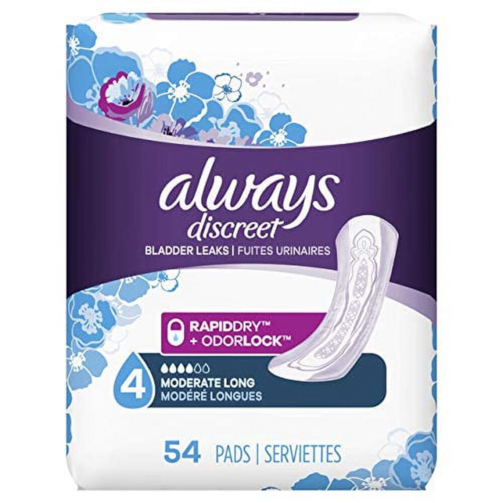 Always Discreet Incontinence & Postpartum Incontinence Pads for Women, Moderate Absorbency, Long Length, 54 Count Always Discreet