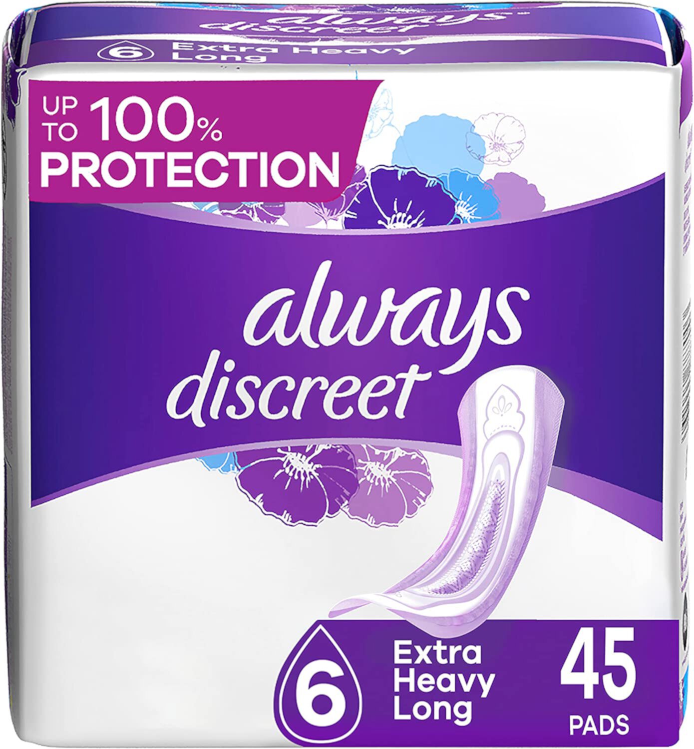 Always Discreet Extra Heavy Long Incontinence Pads, Up to 100% Leak-Free Protection,White 45 Count Always Discreet