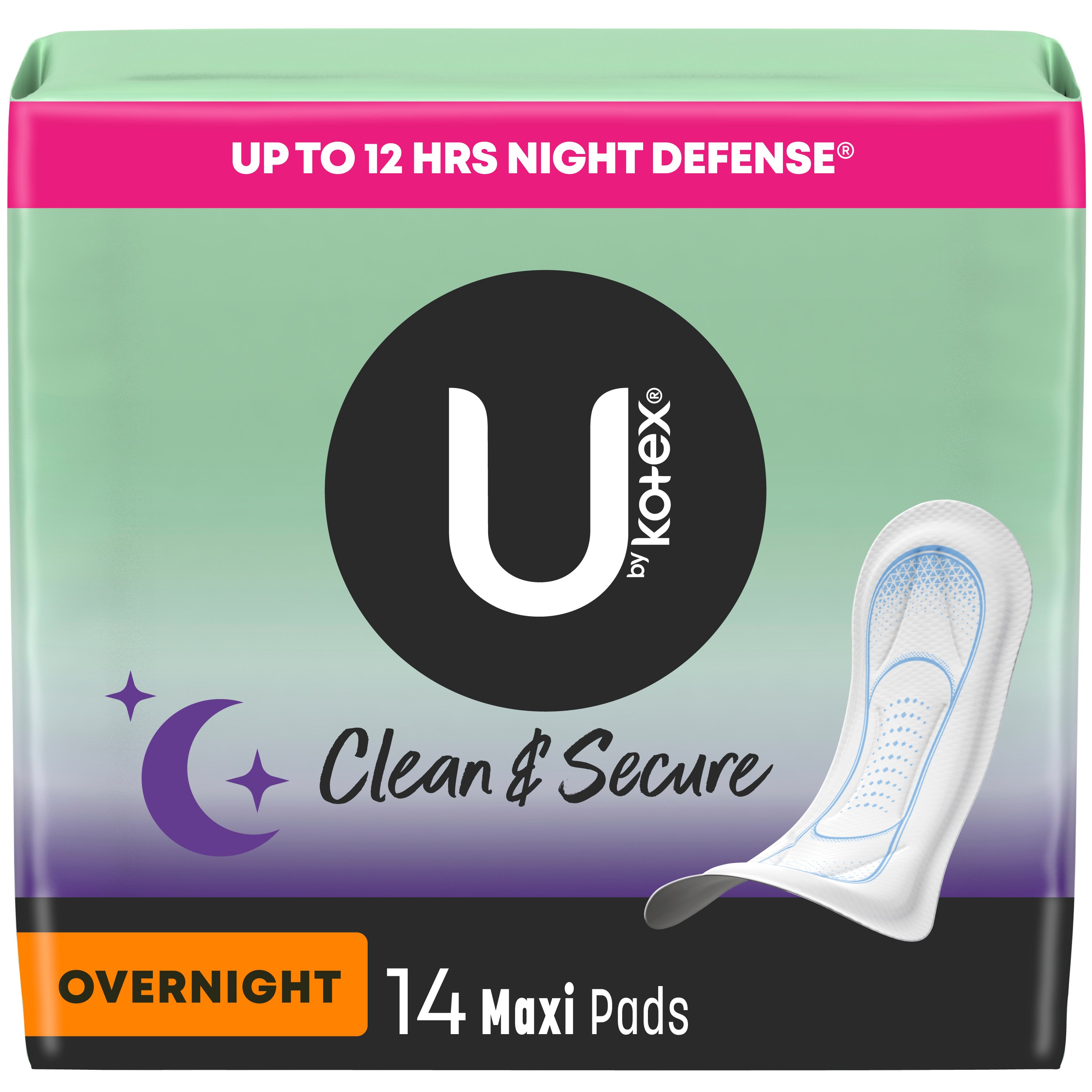 U by Kotex Clean & Secure Overnight Maxi Pads, 14 Count Kotex