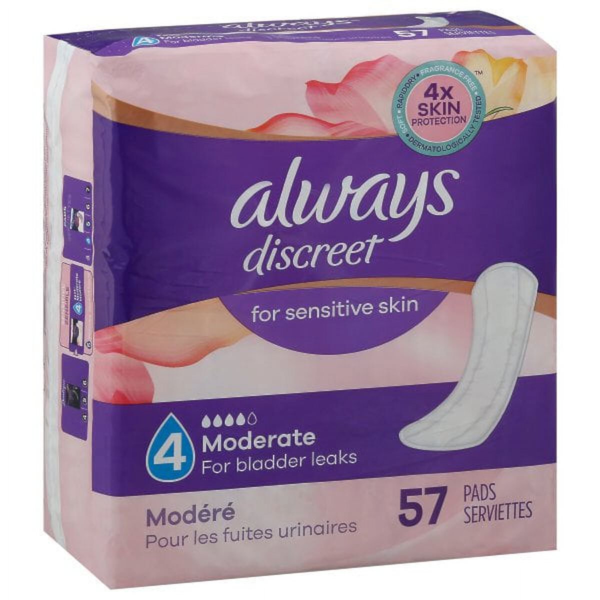 Always Discreet for Sensitive Skin Pads Moderate Absorbency Four Times Skin Protection Soft Dermatologically Tested Fragrance-Free, 57 Count Always Discreet