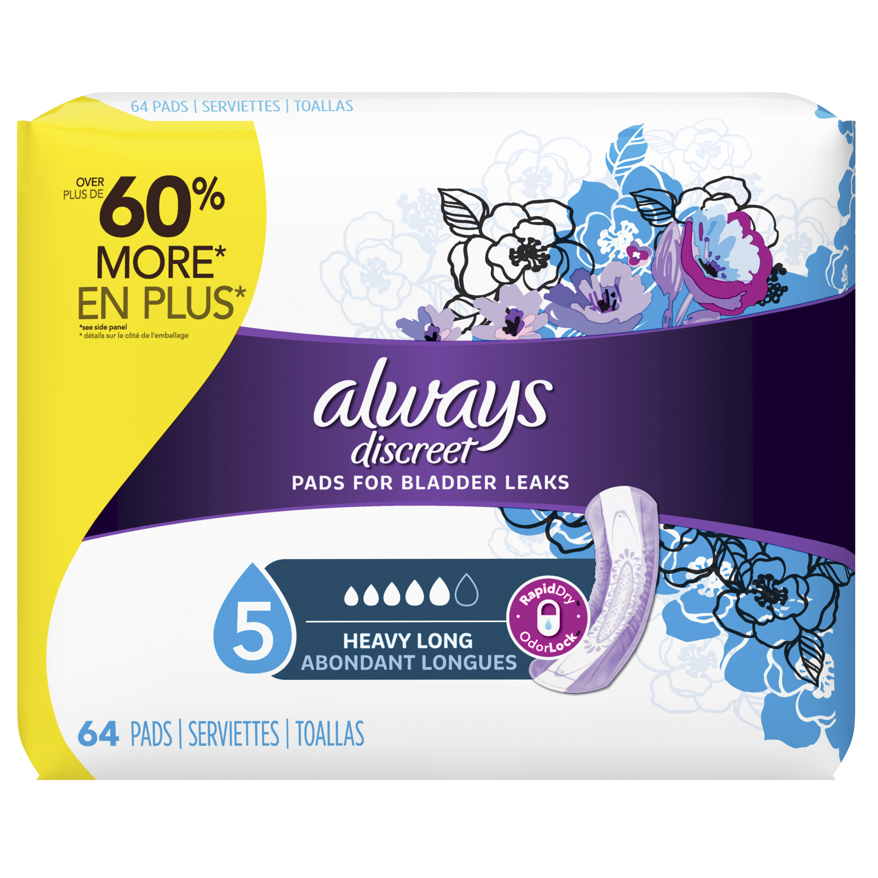 Always Discreet Incontinence Heavy Absorbency Pads for Women, Long Length, 64 ct Always Discreet