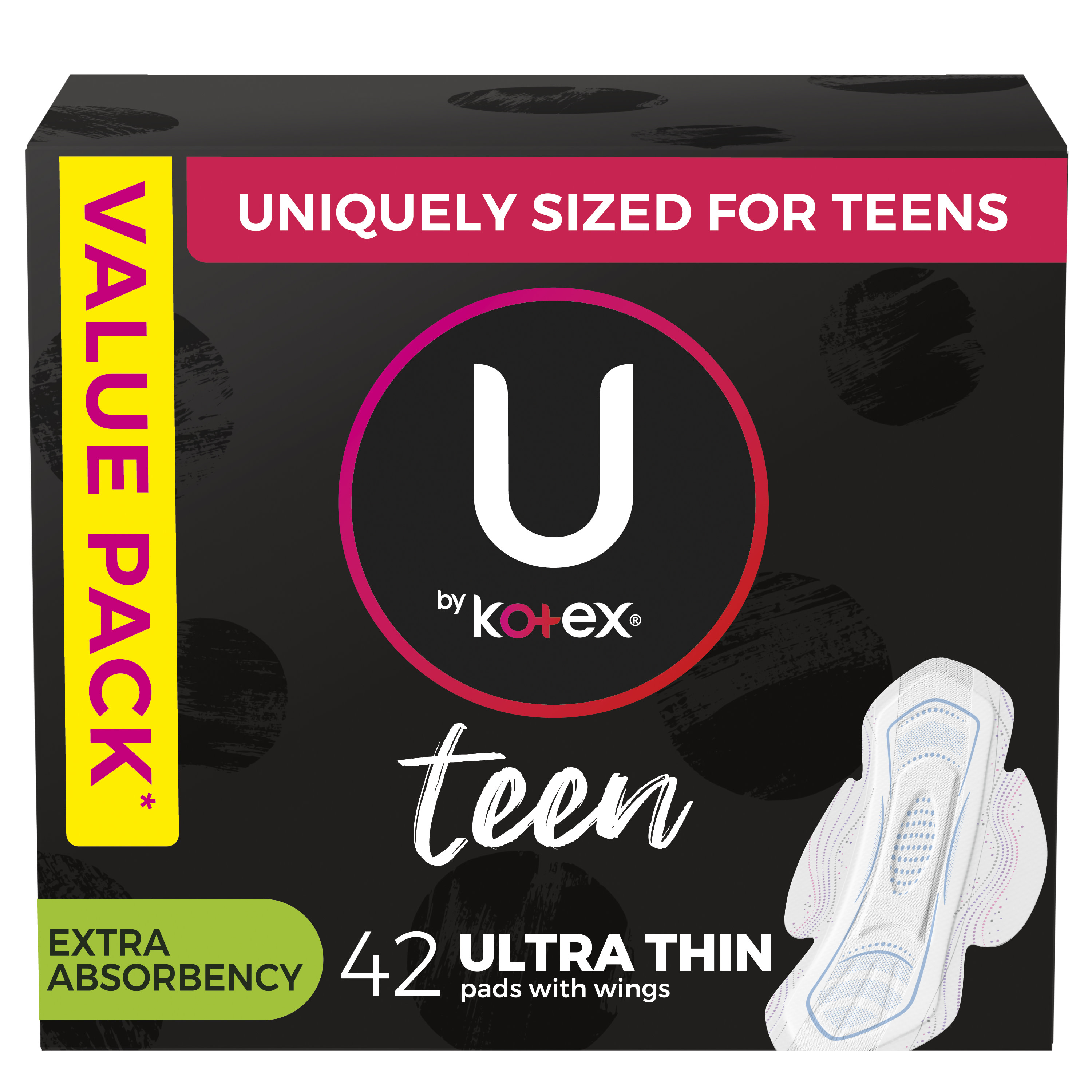 U by Kotex Teen Ultra Thin Feminine Pads with Wings, Extra Absorbency, Unscented, 42 Count Kotex