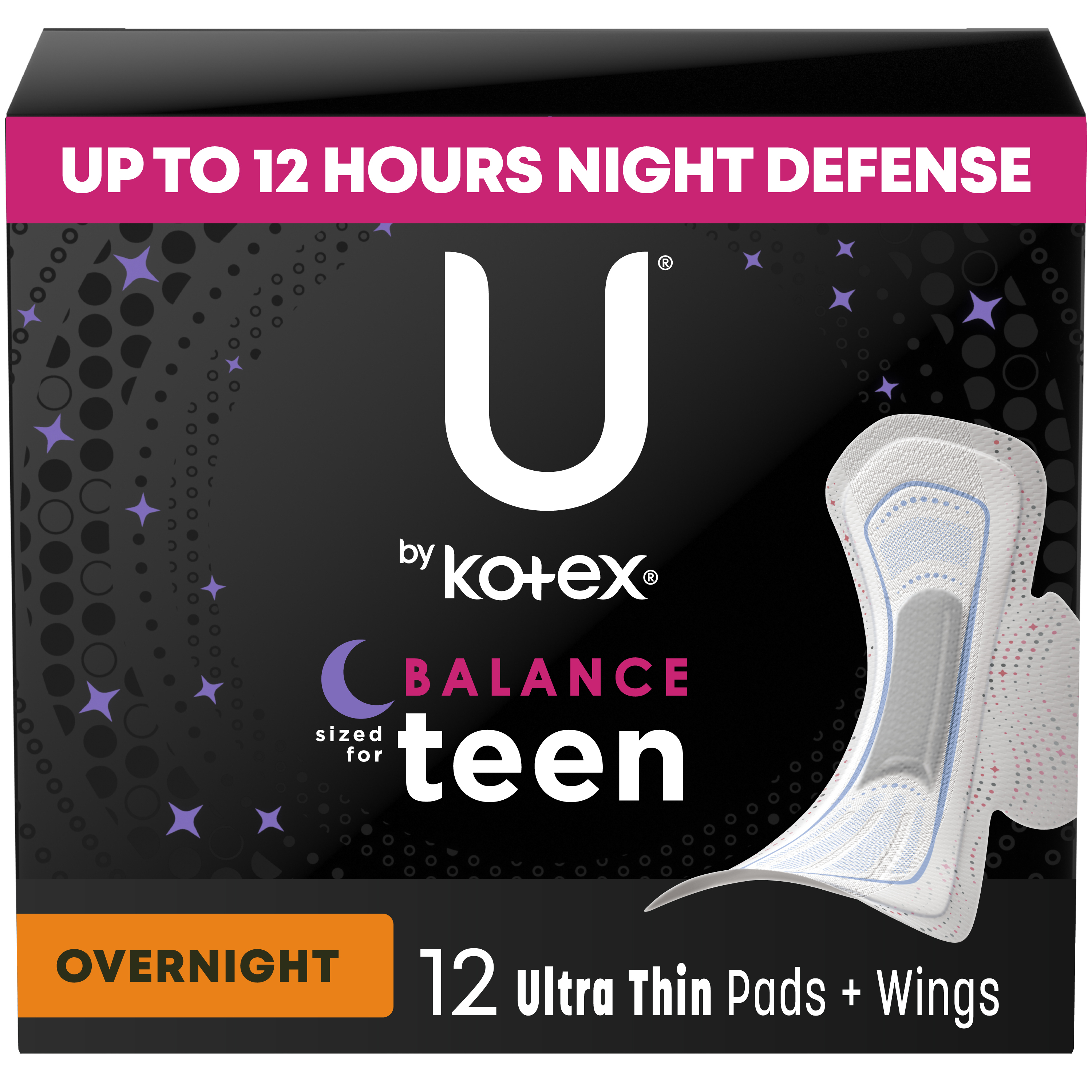 U by Kotex Balance Sized for Teens Ultra Thin Overnight Pads with Wings, 12 Count Kotex