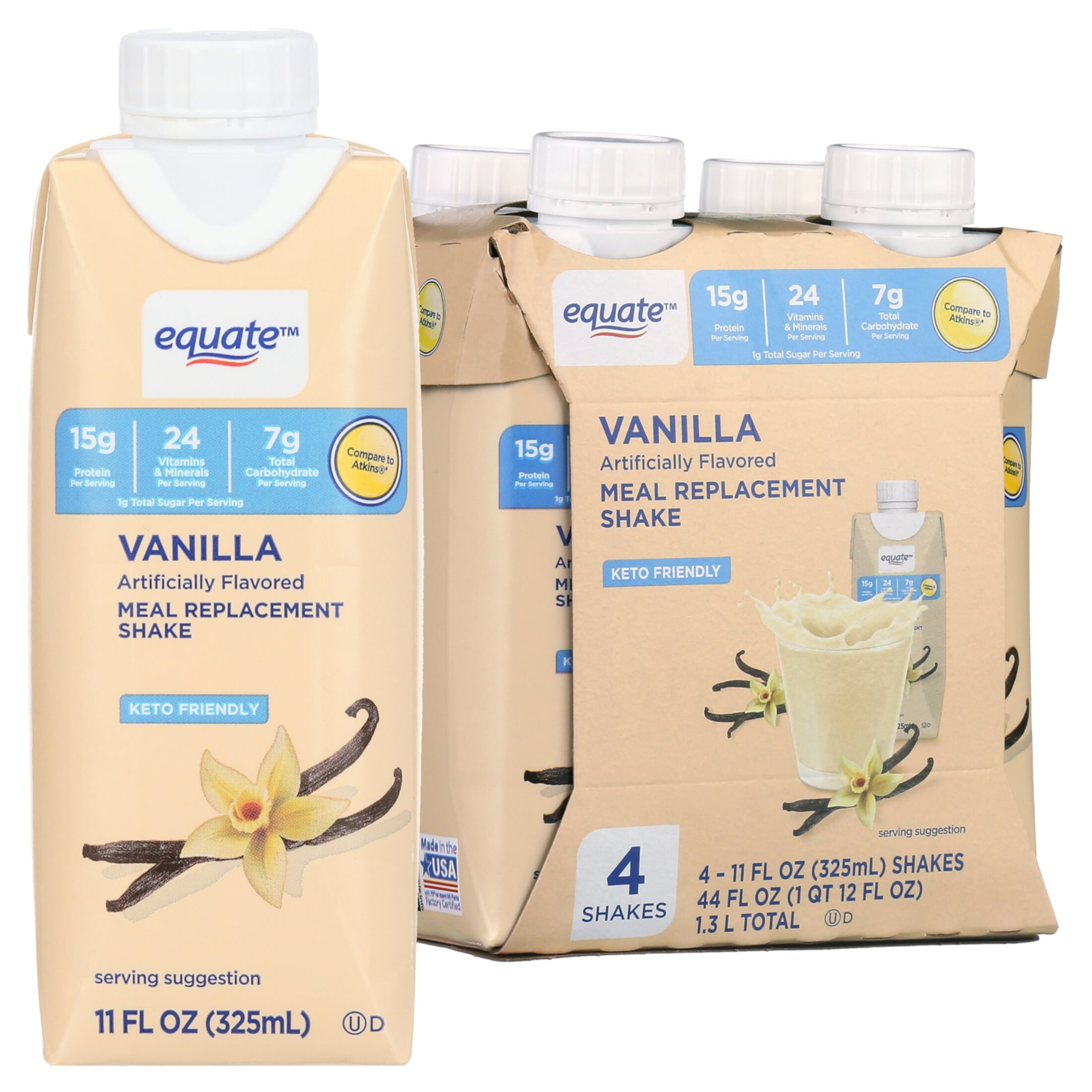 Equate Meal Replacement Shake, Vanilla, 4 Ct, 11 fl oz Each, White Equate