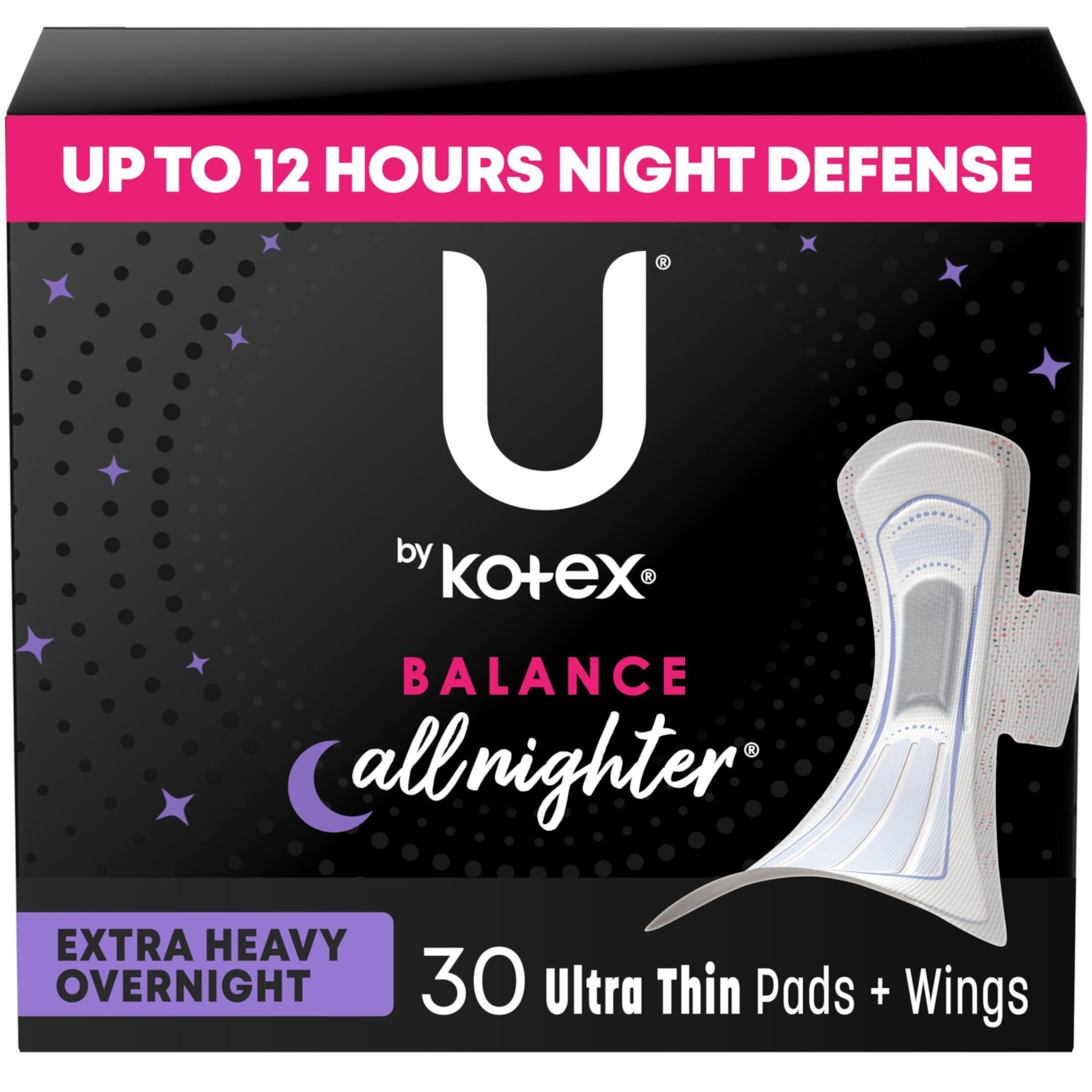 U by Kotex Balance Ultra Thin Overnight Pads with Wings, Extra Heavy Absorbency, 30 Count Kotex