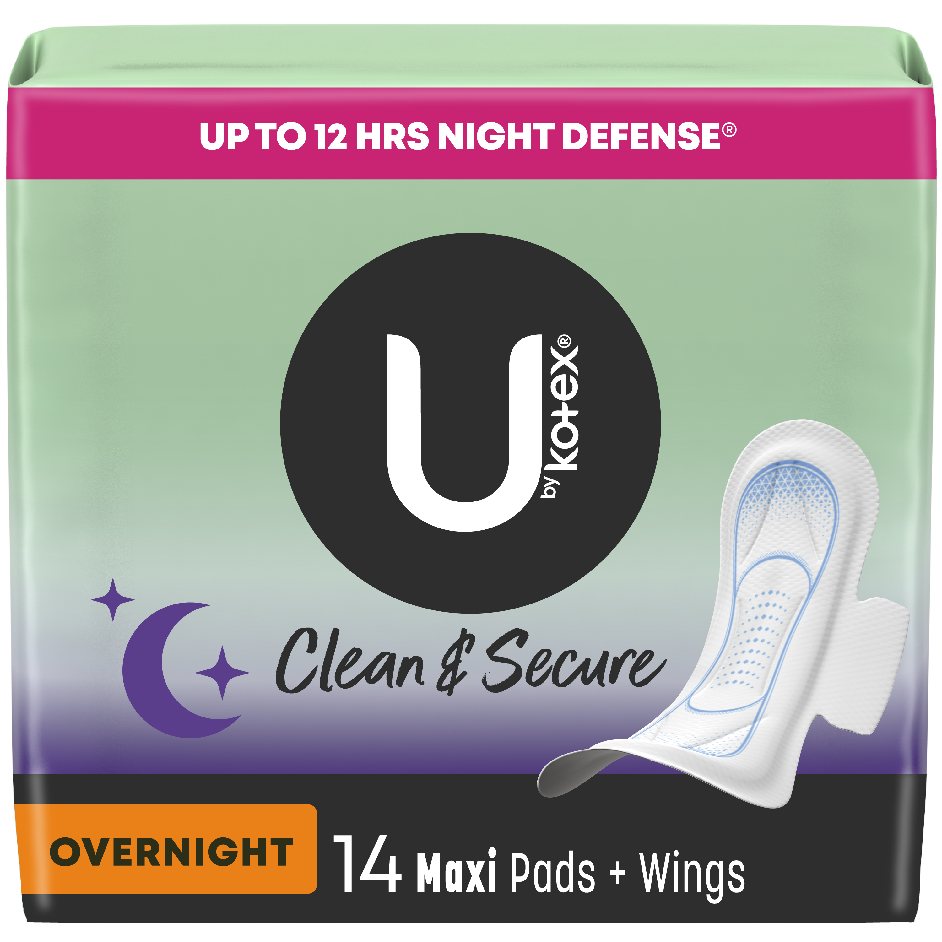 U by Kotex Security Maxi Pad with Wings, Overnight, Unscented, 14 Count Kotex