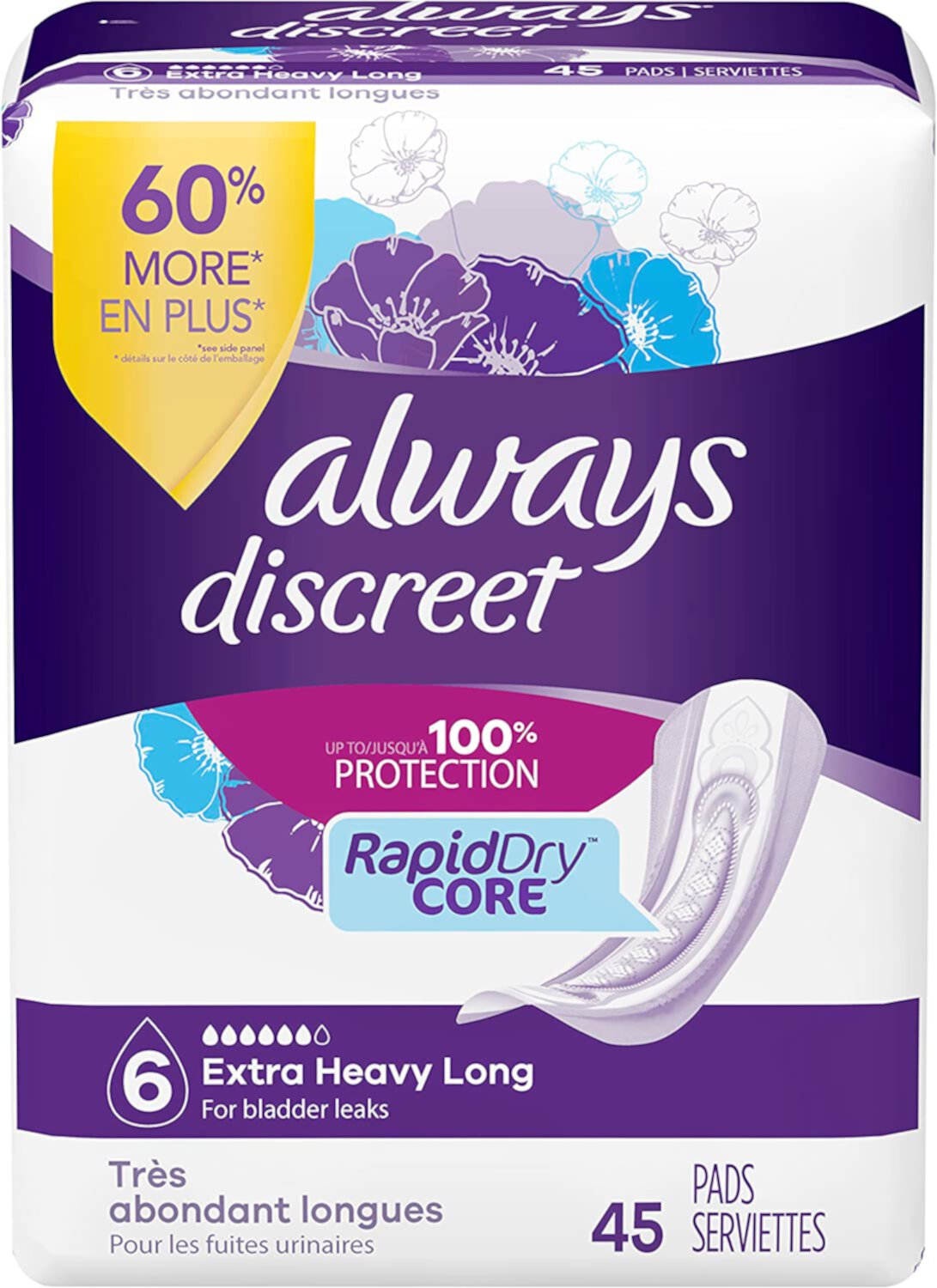 Always Discreet Extra Heavy Long Incontinence Pads, Up to 100% Leak-Free Protection,White 45 Count Always Discreet