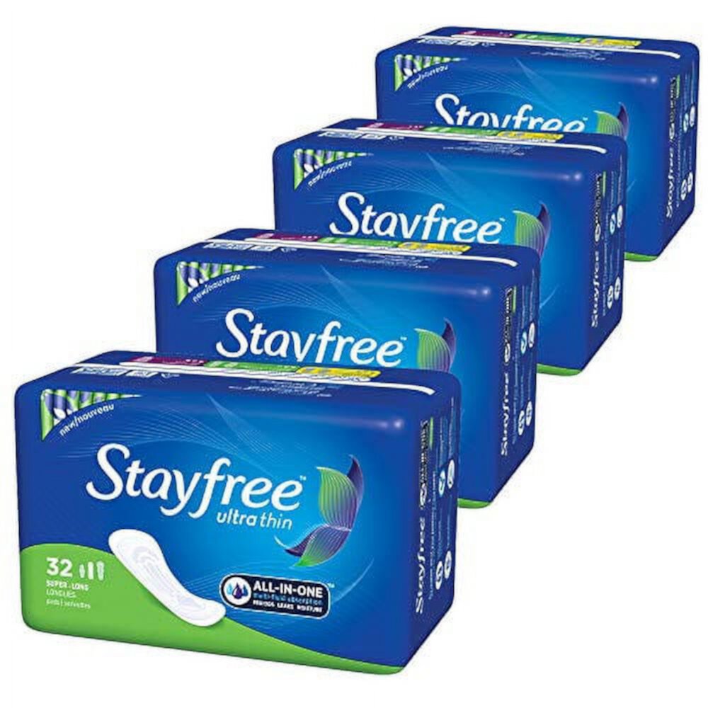 Stayfree Ultra Thin Pads for Women, Super Long, Wingless, 32 Count - Pack of 4 Stayfree