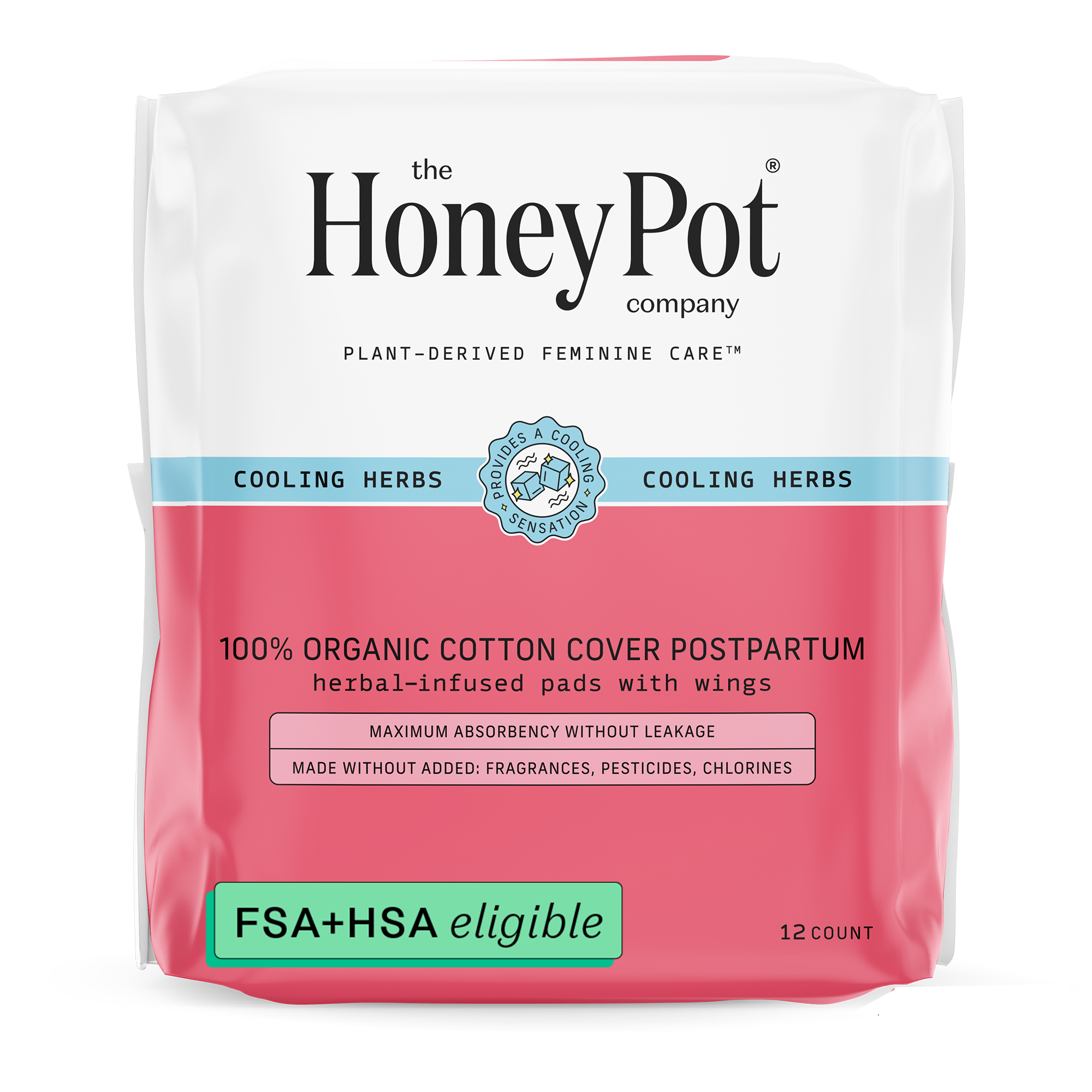 The Honey Pot Company, Herbal Post-Partum Pads with Wings, Organic Cotton Cover, 12 ct. The Honey Pot Company