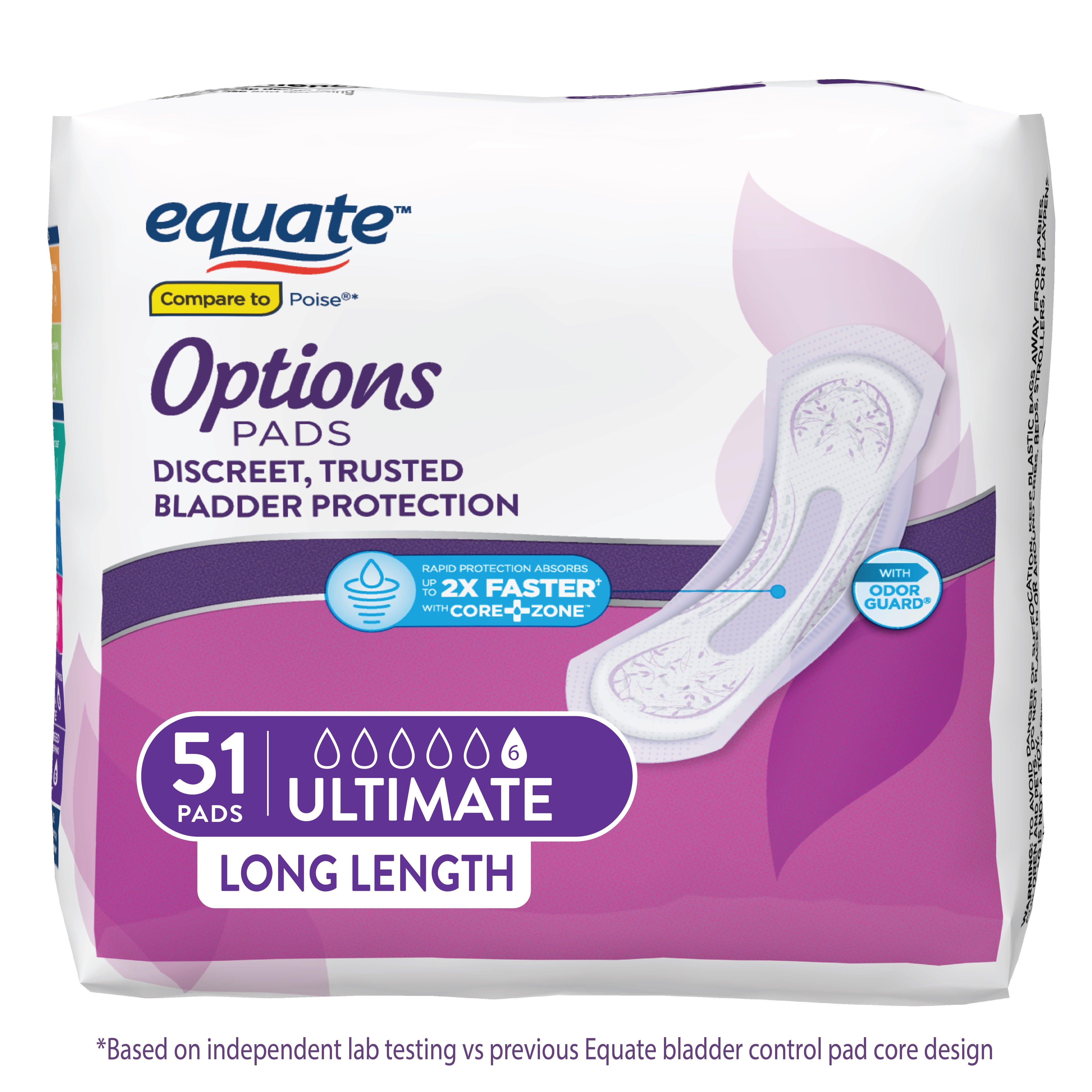 Equate Options Women's Incontinence Pads, Ultimate Absorbency, Long Length (51 Count) Equate