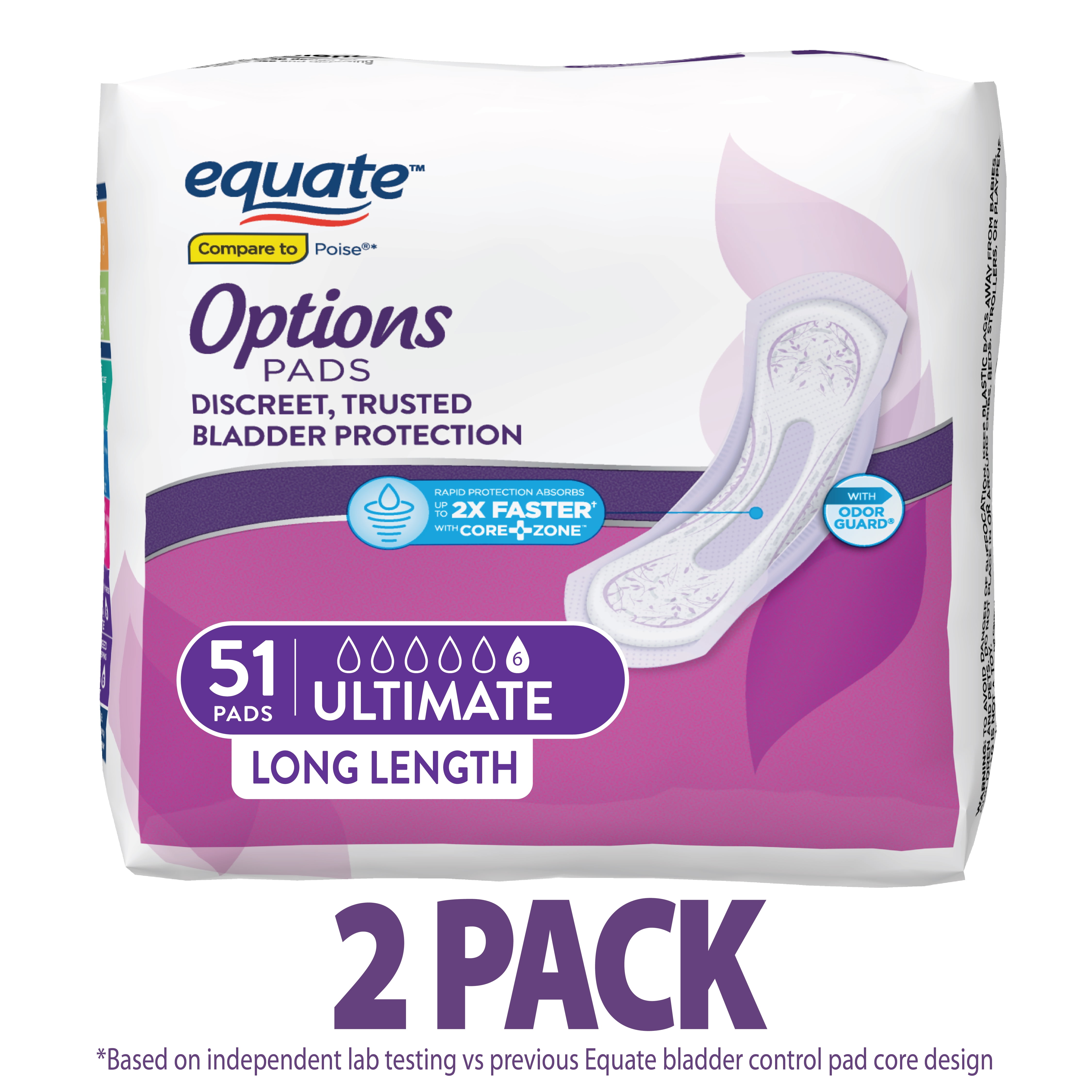 Equate Options Women's Incontinence Pads, Ultimate Absorbency, Unscented, Long Length (102 Count) Equate