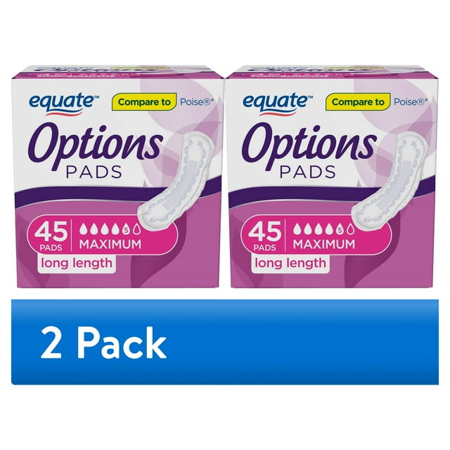 Equate Options Women's Bladder Control Pads, Unscented, Maximum Absorbency, Long Length (45 Count) Equate