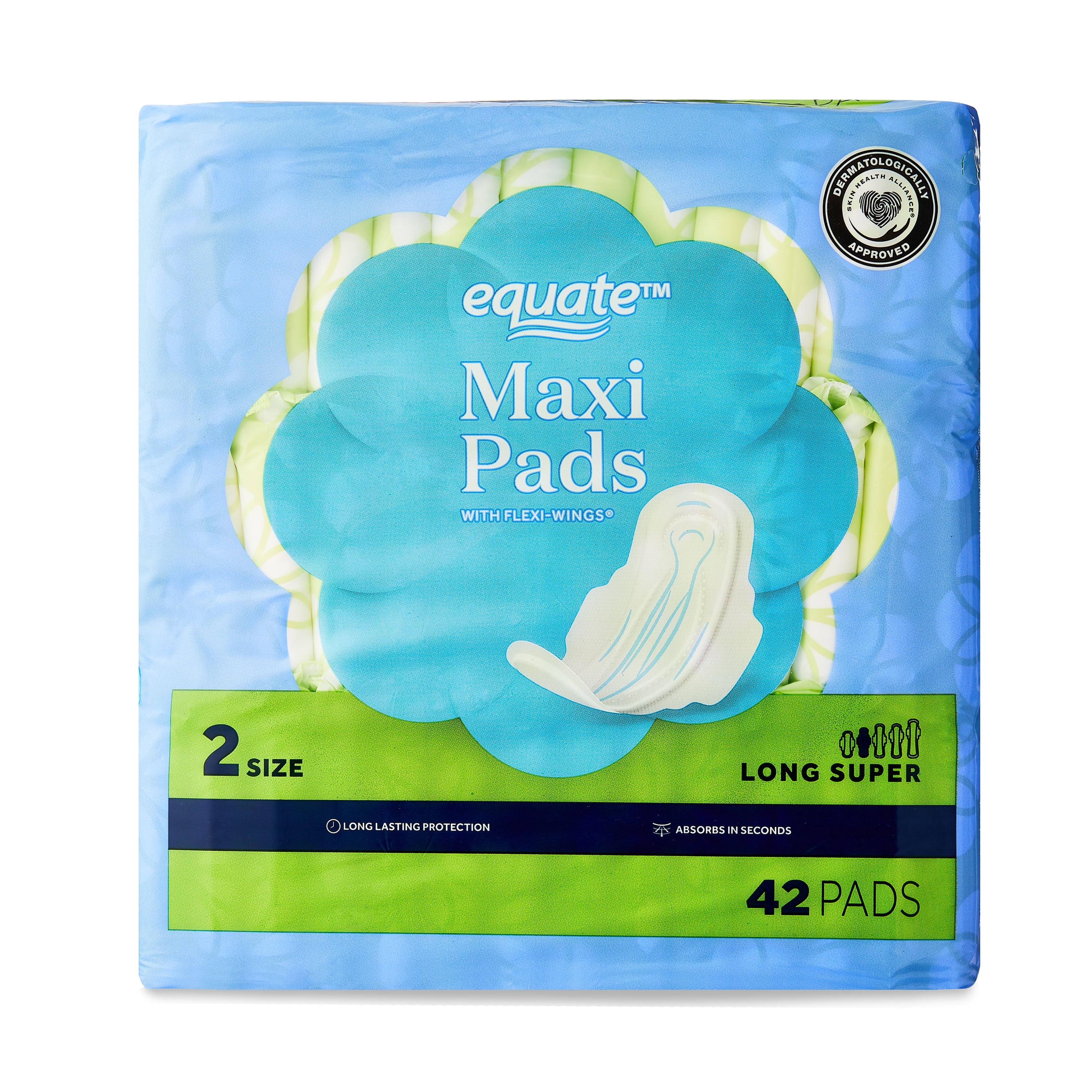 Equate Maxi Pads with Flexi-Wings, Unscented, Long Super, Size 2 (42 Count) Equate