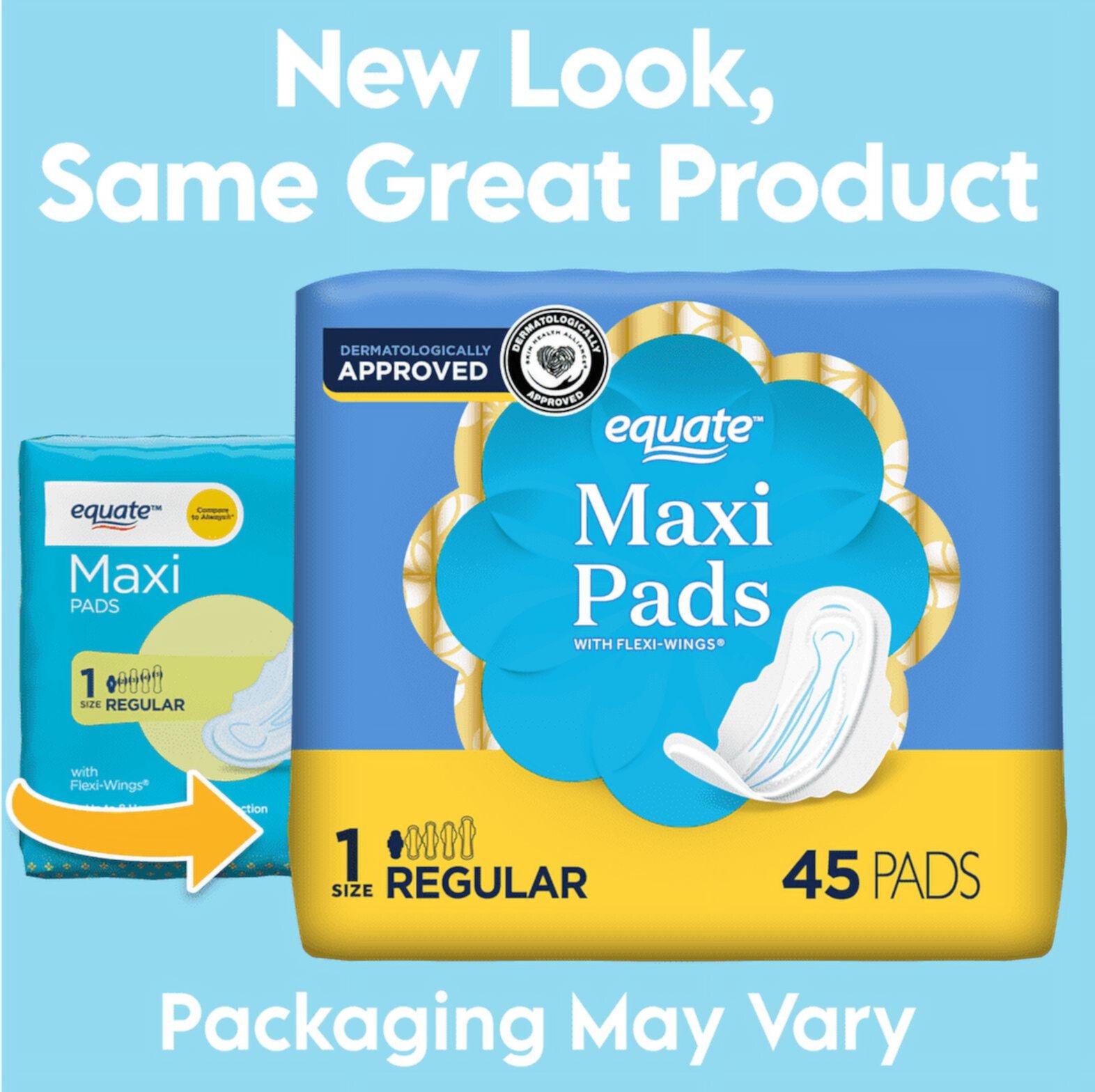 Equate Maxi Pads with Wings, Unscented, Regular, Size 1, (45 Count) Equate