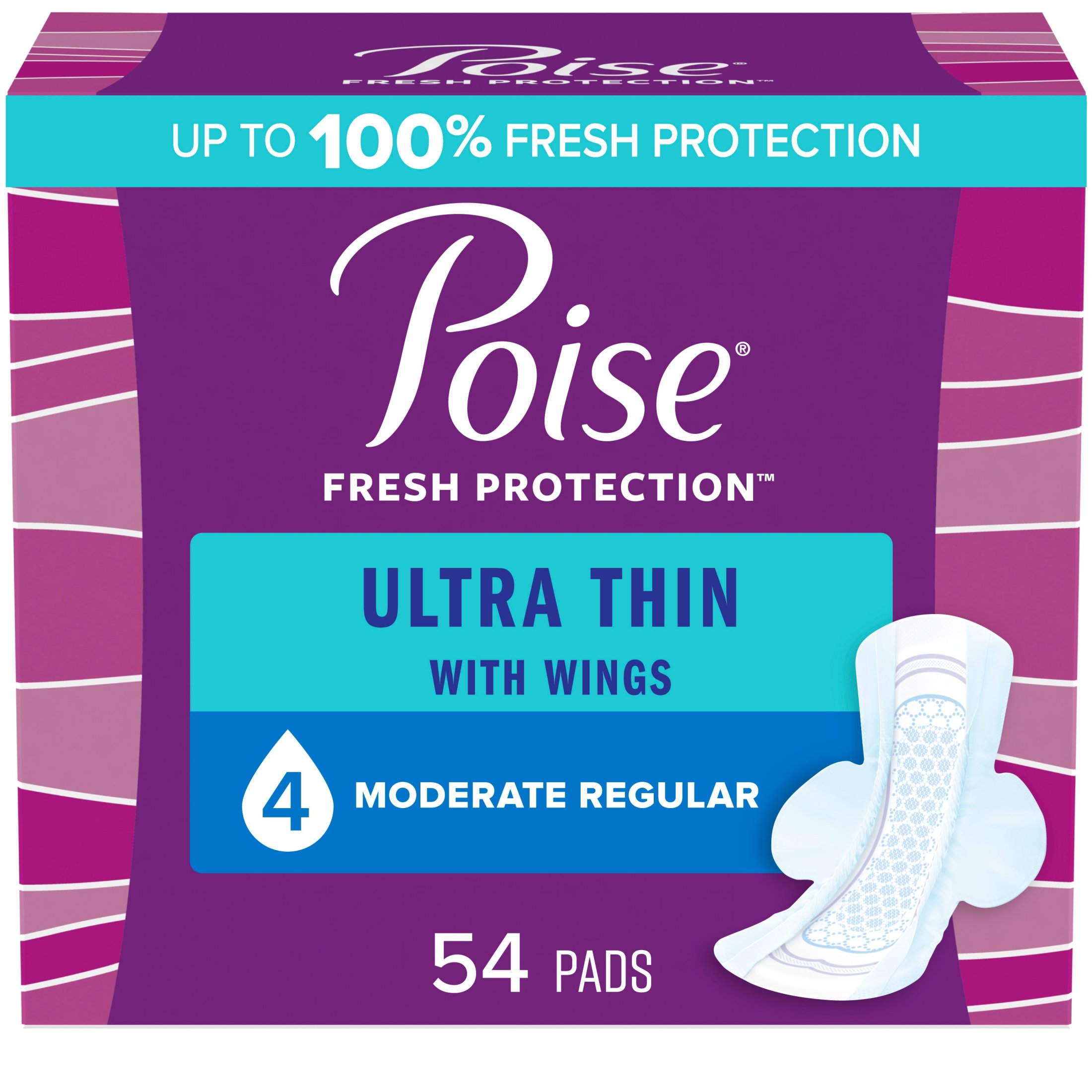 Poise Ultra Thin Incontinence Pads for Women, with Wings, 4 Drop, Moderate Absorbency, Regular, 54 Count Poise