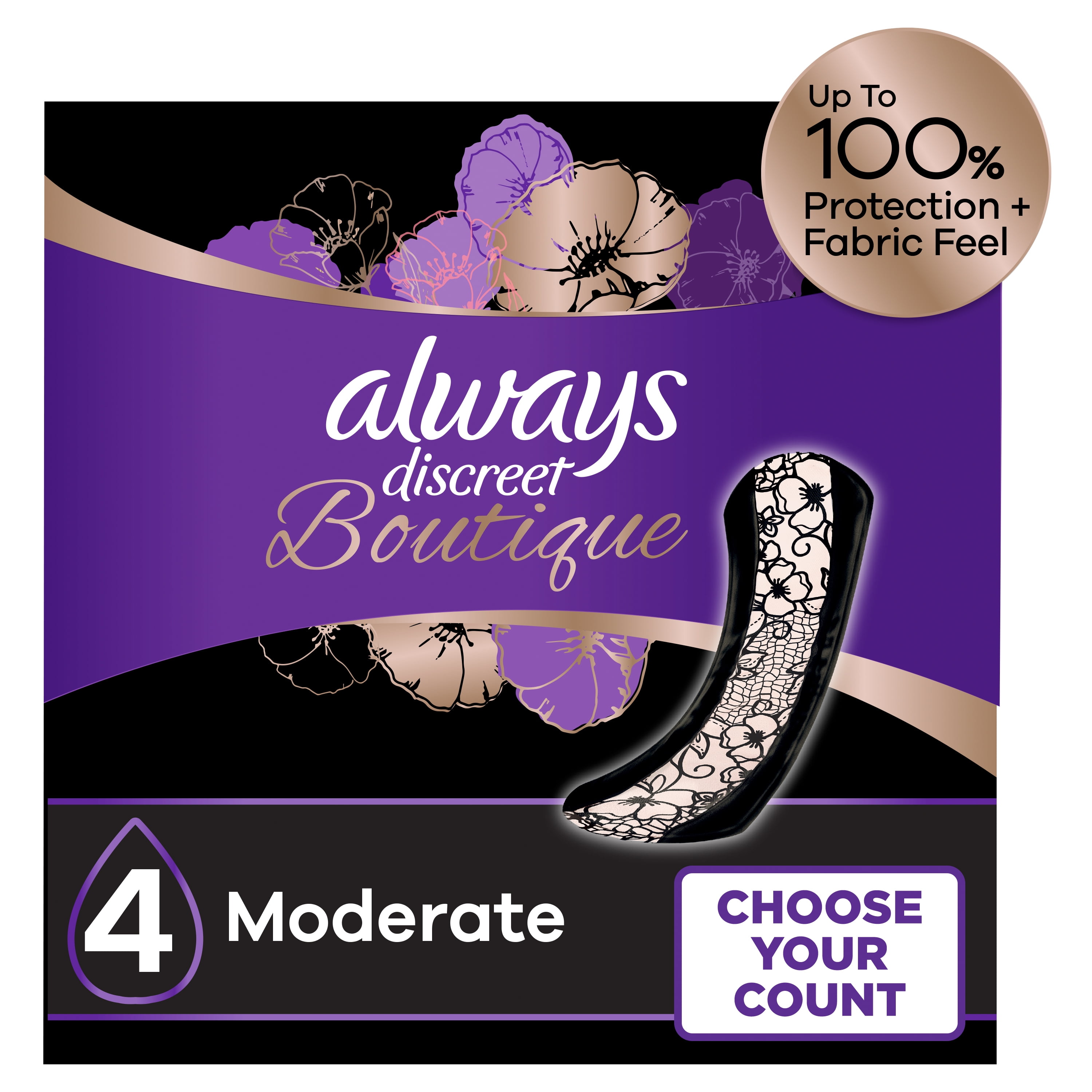 Always Discreet Boutique Incontinence Pads, Moderate Absorbency, Regular Length, 144 CT Always Discreet