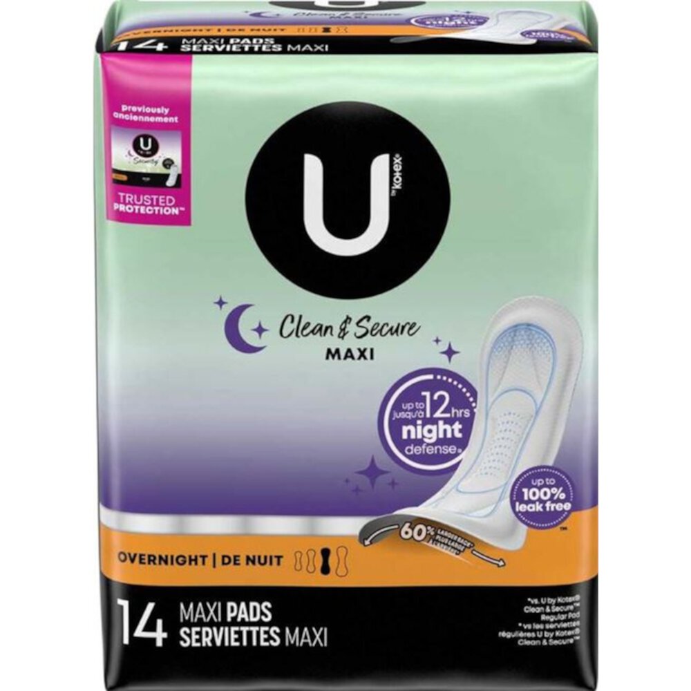 U by Kotex Maxi Pads, Overnight, Unscented 14 each (Pack of 5) Kotex