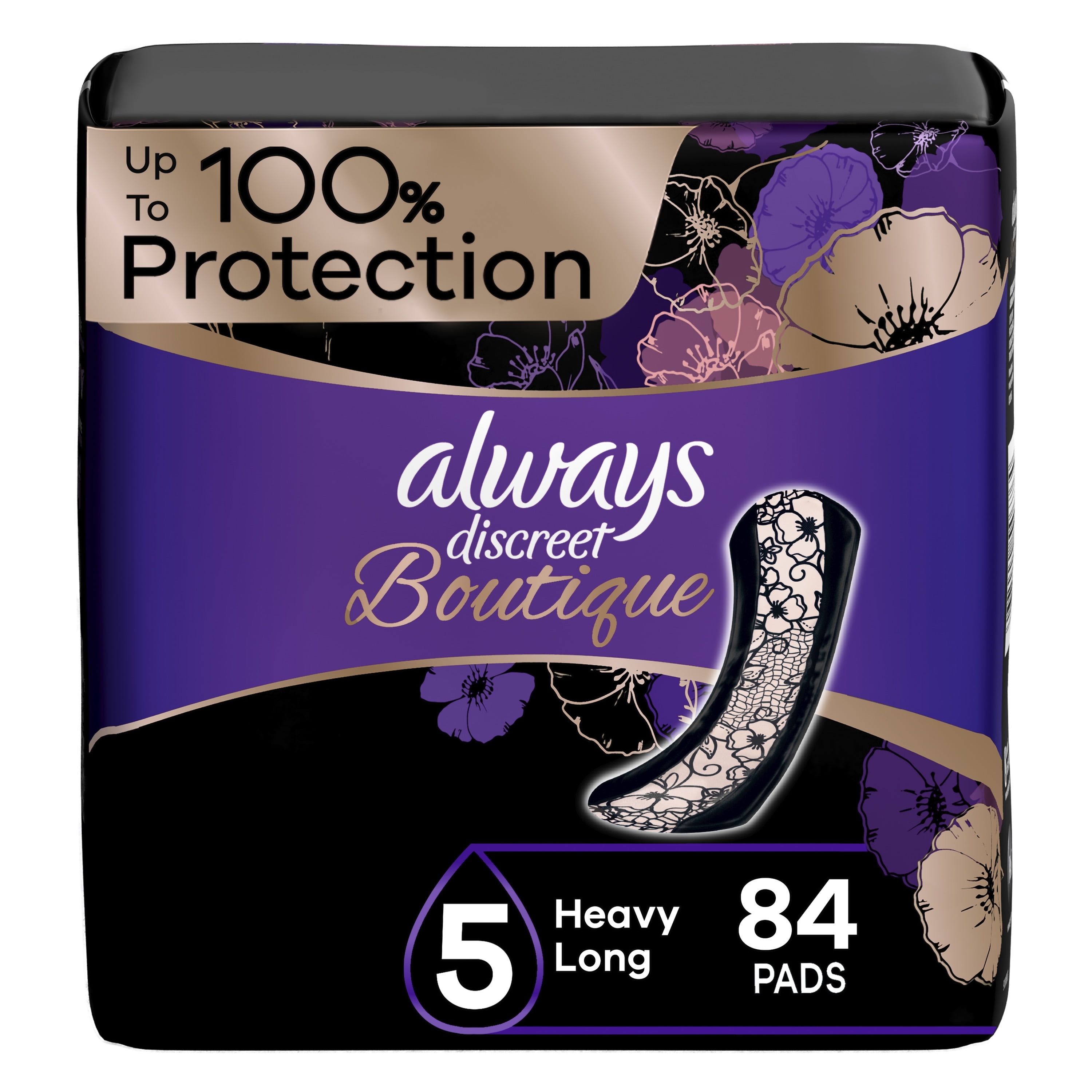 Always Discreet Boutique Incontinence Pads, for Bladder Leaks, Heavy Absorbency, Long Length, 84 CT Always Discreet