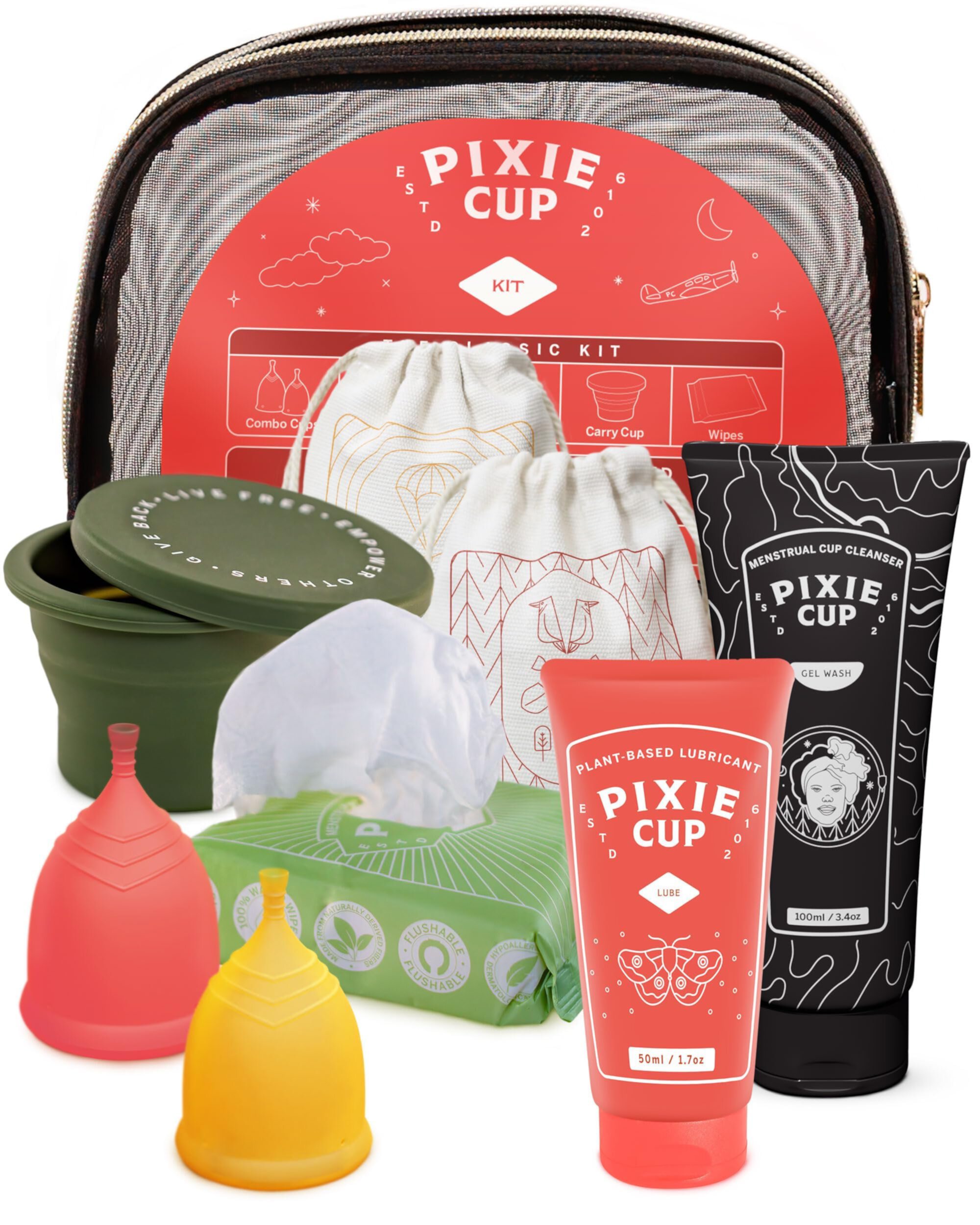 Pixie Menstrual Cup Kit - Small & Large Cups, Wipes, Wash, Lube, Restroom Cleaner & Storage Bag Pixie Cup