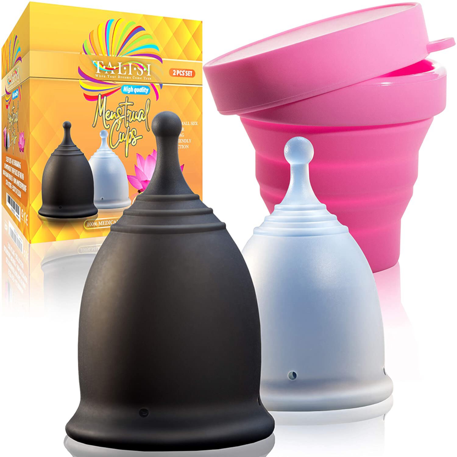 Talisi Reusable 2 Menstrual Cups - Period Cup Set for Women With Collapsible Sterilization Cup and Travel Bag - Feminine Menstruation Alternative to Tampons - Regular and Heavy Flow Talisi