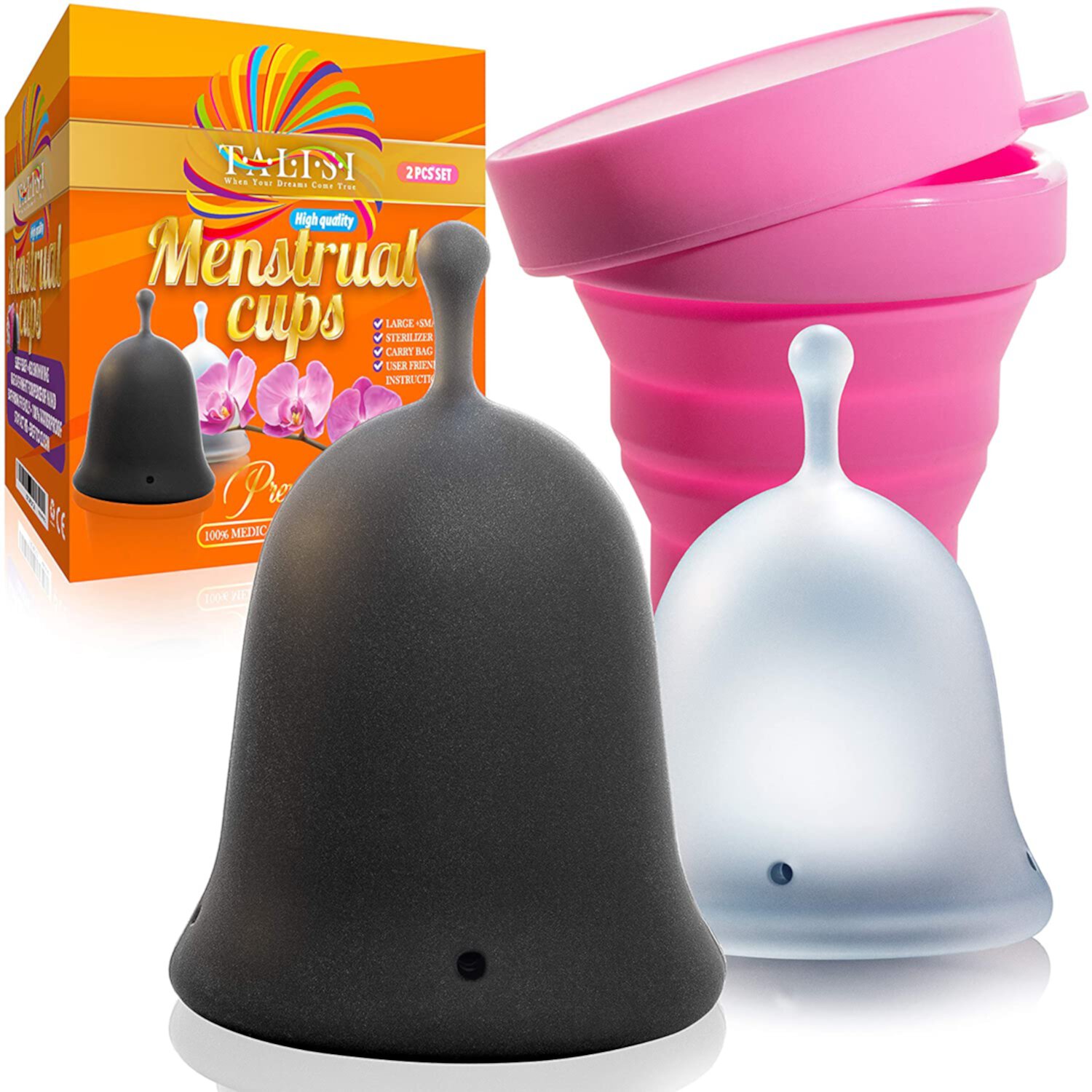 Talisi Feminine Hygiene Menstrual Cups with Collapsible Sterilizer - Menstruation Period Cup - Flexible Soft Reusable Silicon Menstrual Cup - Small and Large Size - Regular and Heavy Flow Talisi