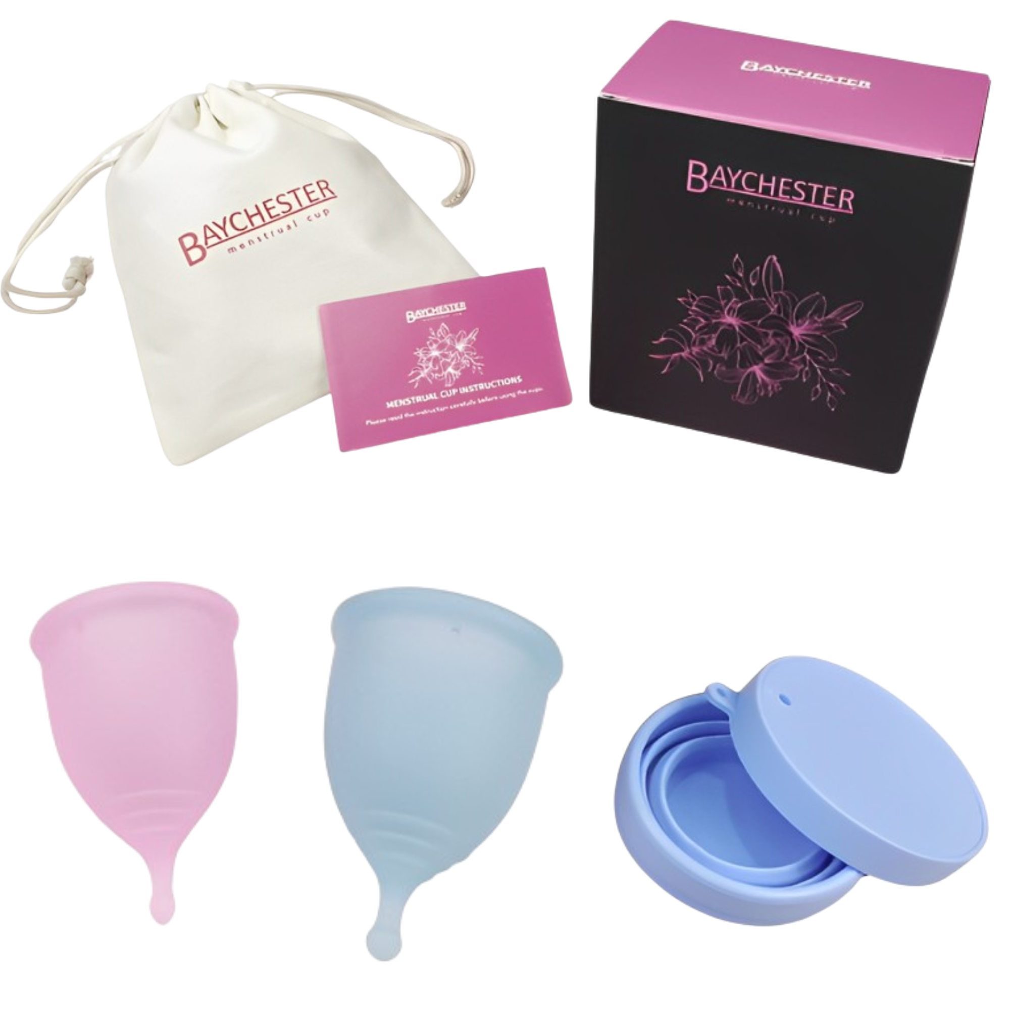 Baychester Reusable Menstrual 100% New Medical Grade Silicone Period Cup Blue & Pink 1 Pack 2 Count Baychester