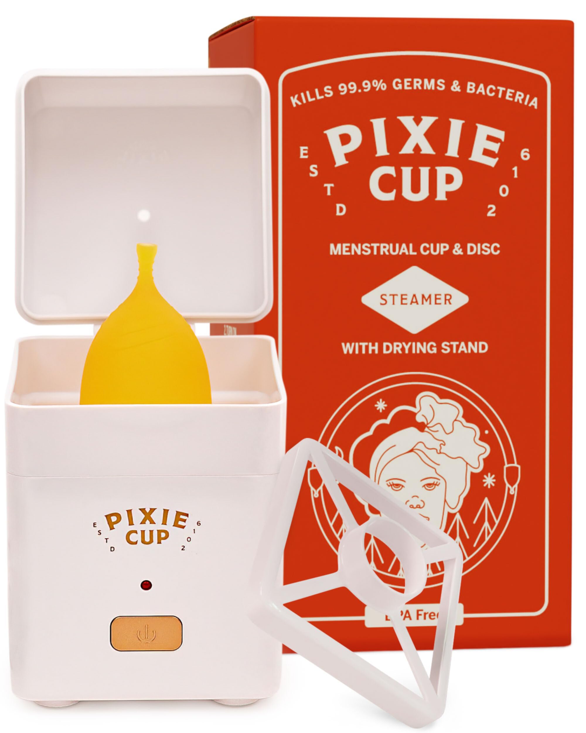 Pixie Menstrual Cup Sterilizer Cleaner Machine - The Only Hinged Lid Steamer & Drying Stand for Discs & Cups - New Improved Shut-Off Switch - Kills 99.9% of Germs - Wash Your Period Cup in 3 Minutes! Pixie Cup