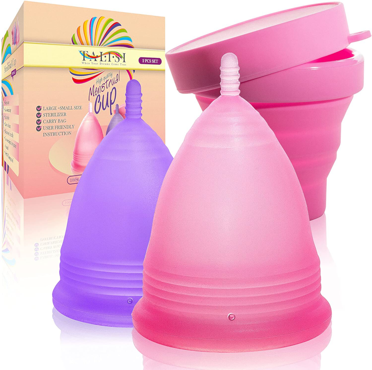 Talisi Reusable Menstrual Cup Set of 2, Silicone Period Cups with Collapsible Sterilization Cup and Storage Bag, Menstruation Feminine Period Cup for Regular and Heavy Flow, 1 Small & 1 Large Talisi