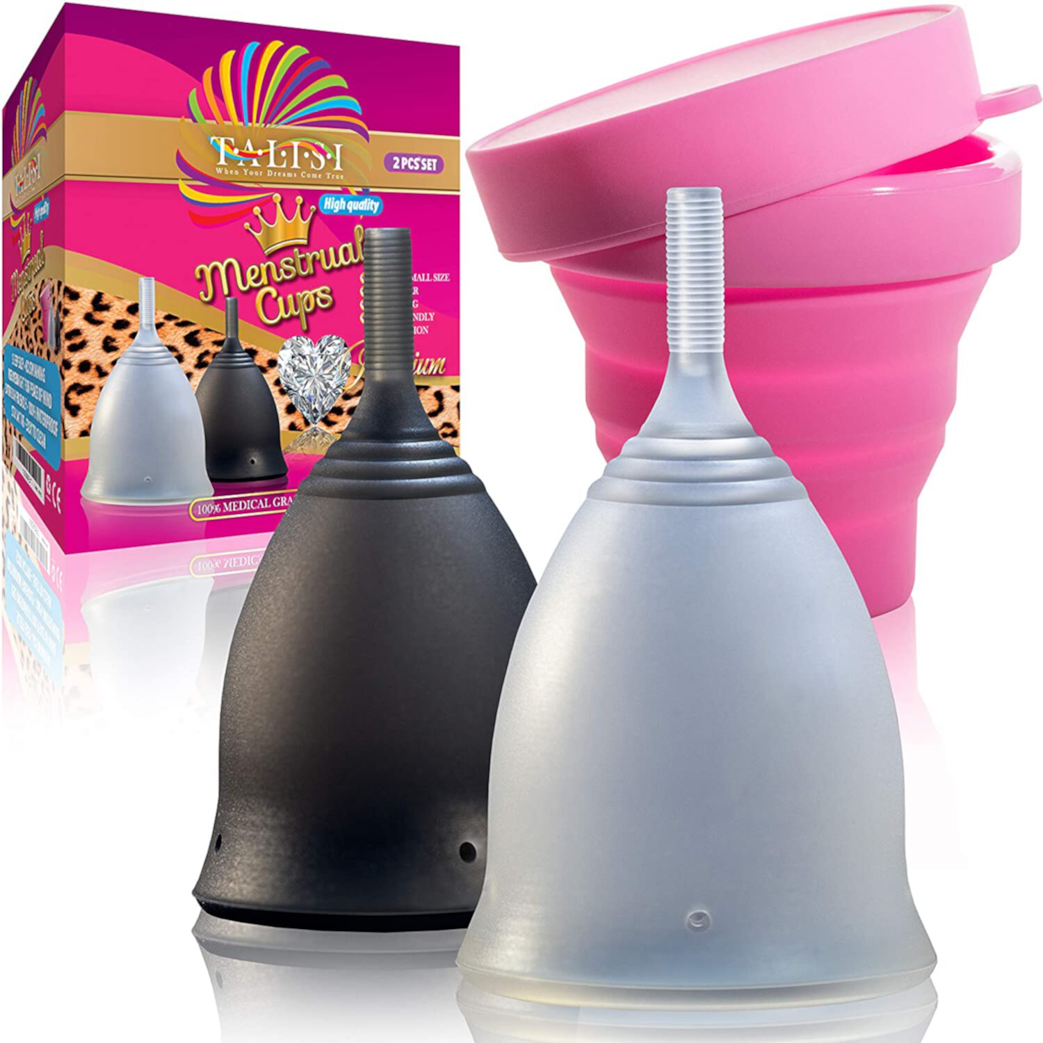 Talisi Menstrual Cups - Reusable Menstruation Period Cup with Collapsible Menstrual Cup Sterilizer - Feminine Cup Alternative to Tampons for Regular and Heavy Flow - Large and Small Cup Menstrual Set Talisi