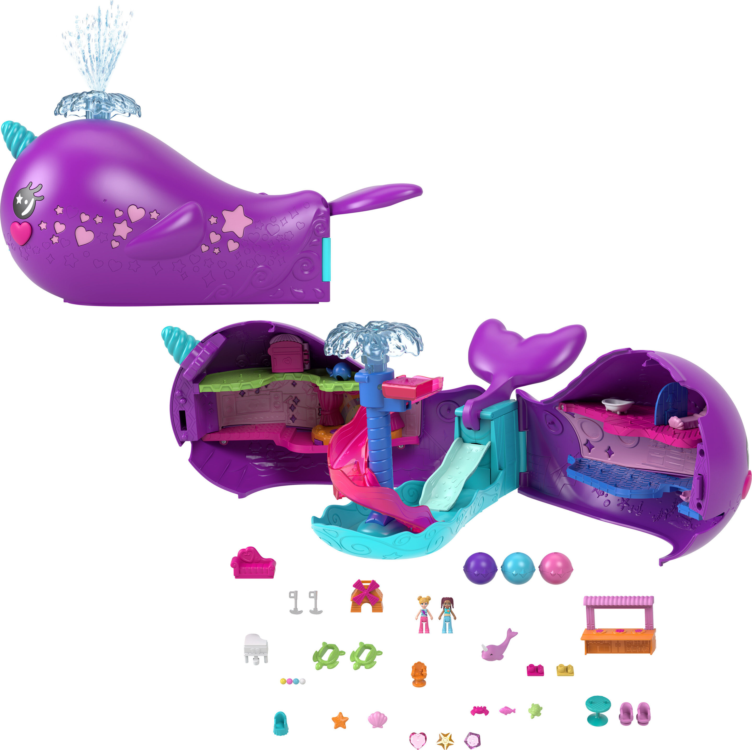 Polly Pocket Sparkle Cove Adventure Narwhal Adventurer Boat Playset with 2 Micro Dolls & 13 Accessories Polly Pocket