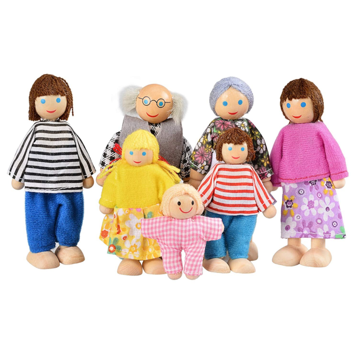 LNKOO Lovely Happy Family Dolls Playset Wooden Figures Set of 7 People with Dog for Kids Children Toddlers Dollhouse Pretend Gift Lnkoo