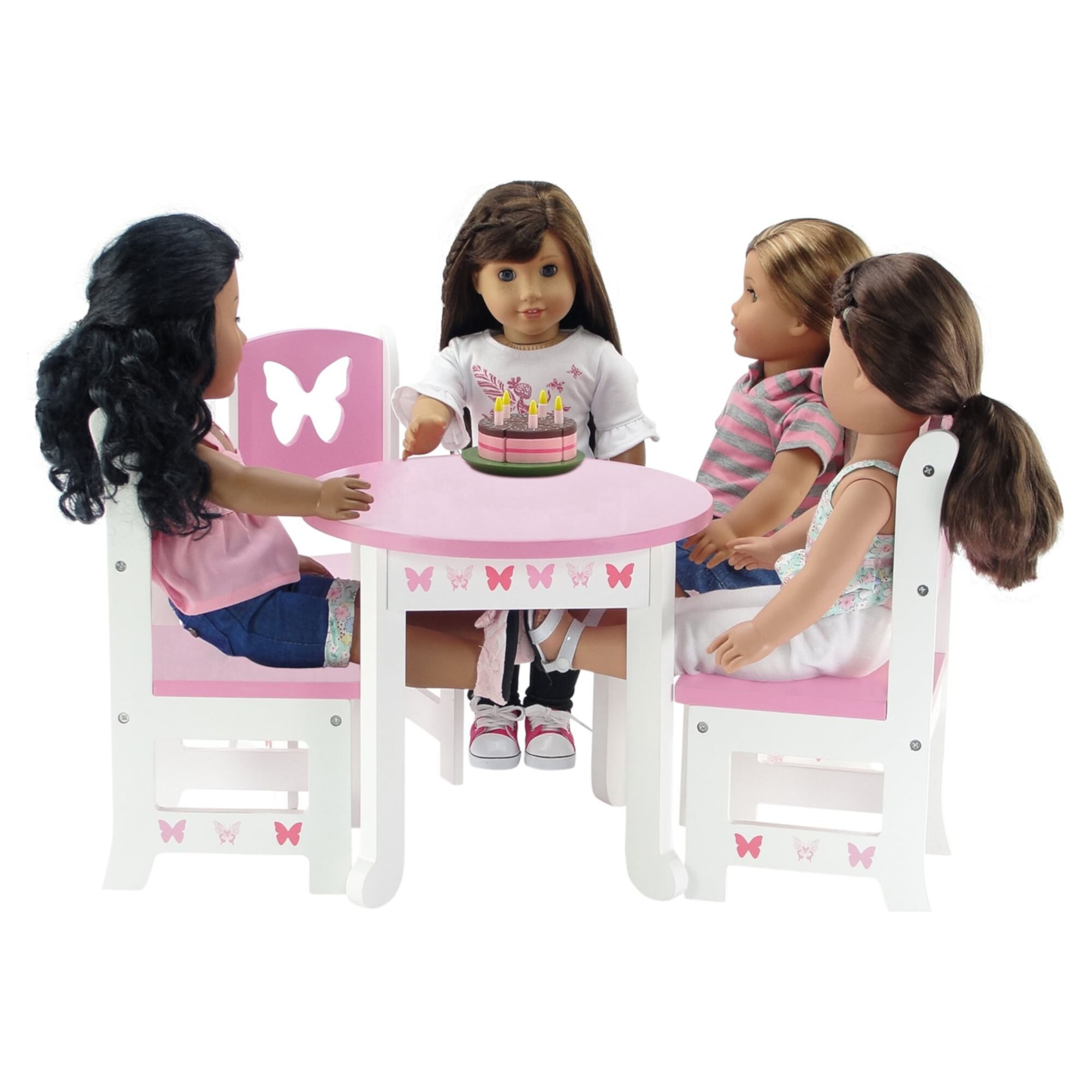 Emily Rose 18 Inch Doll Table and 4 Chairs Kitchen Furniture Set | Lovely Pink and White Table and 4 Chair Value Pack Doll Dining Set with Beautiful Butterfly Motif | Fits American Girl Dolls Emily Rose