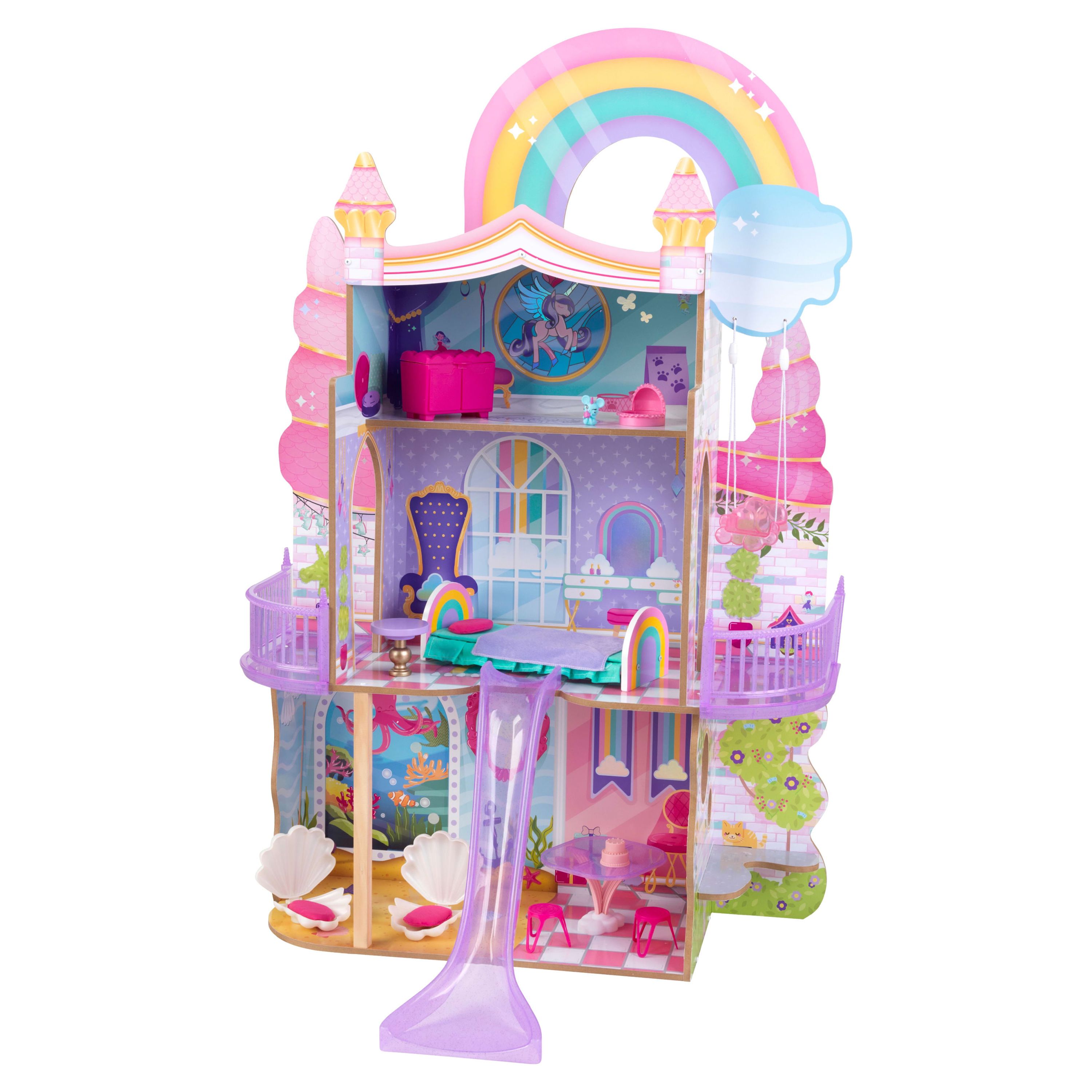 KidKraft Rainbow Dreamers Unicorn Mermaid Wooden Dollhouse with 15 Accessories KidKraft