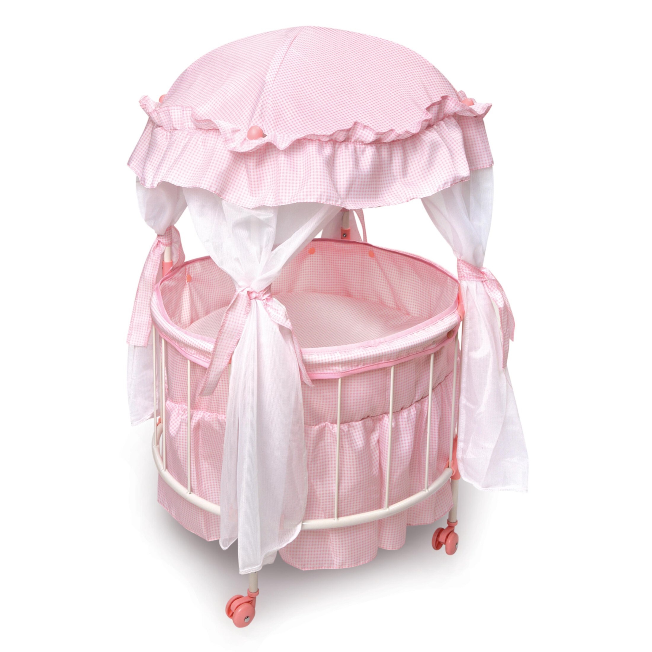 Royal Pavilion Round Doll Crib with Canopy and Bedding - Pink/White Badger Basket