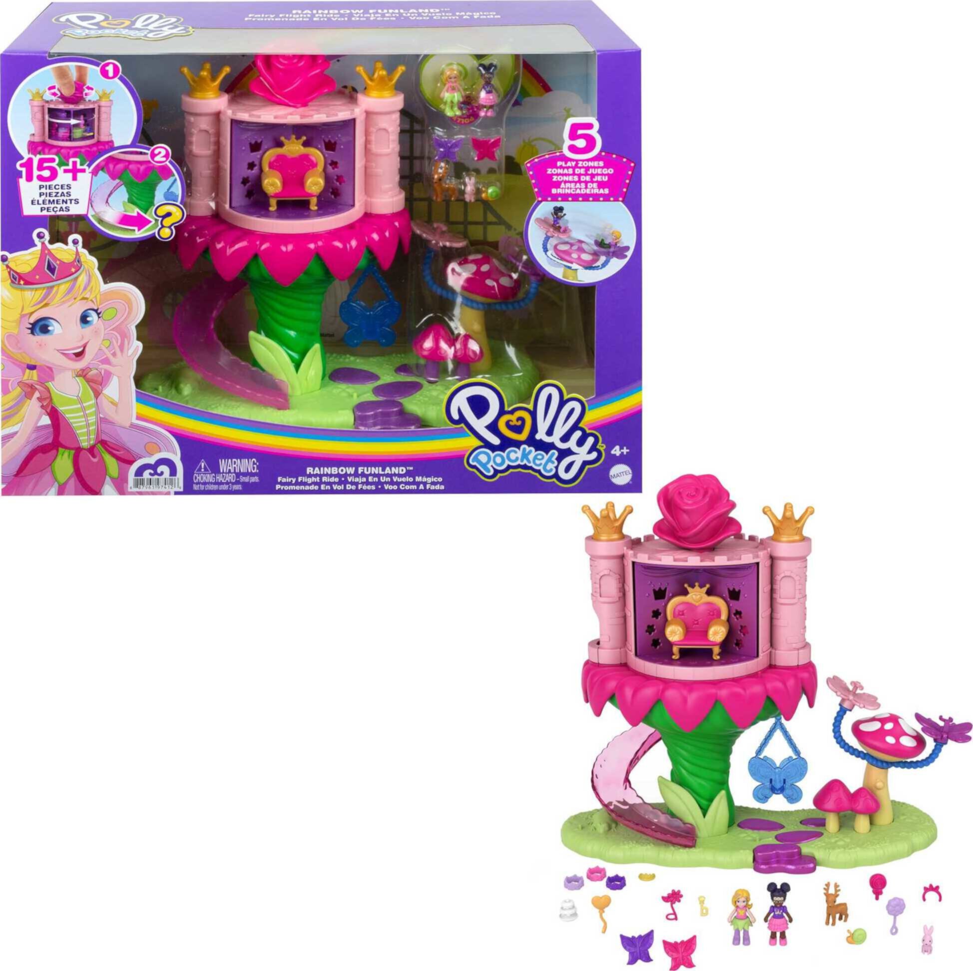 Polly Pocket Rainbow Funland Fairy Flight Ride Playset, 2 Dolls, 15 Accessories, 4 & Up Polly Pocket