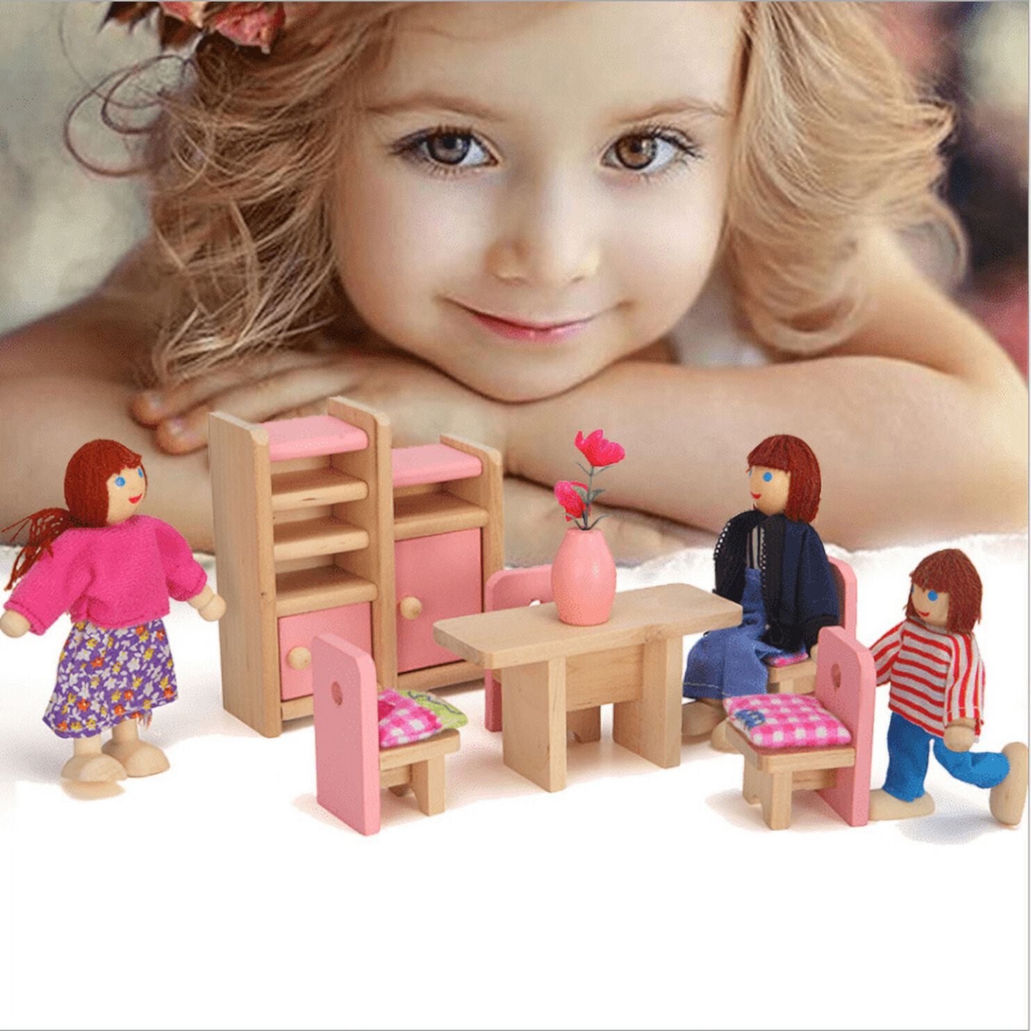 LNKOO Baby Kids Play Pretend Toy Design Wooden Doll Furniture Dollhouse Miniature Toy with 7 Pcs Family Wooden Dolls Children Gifts for Play Houses Lnkoo