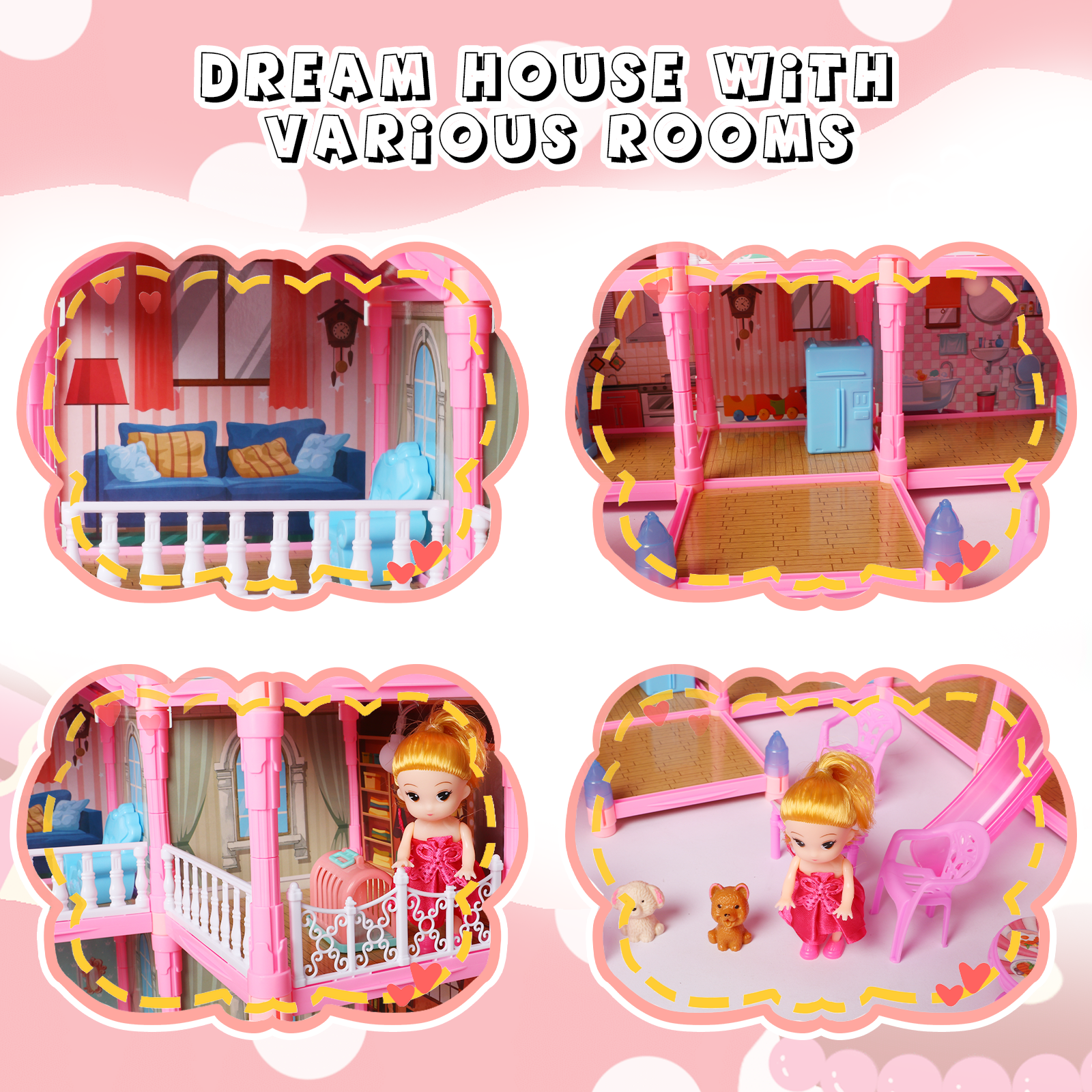 Beefunni Dollhouse for Girls, Pretend Toy Doll House With Lights 14 Stories Princess House Toys Christmas Gift for Girls 3 4 5 6 7 8 Year Old Beefunni