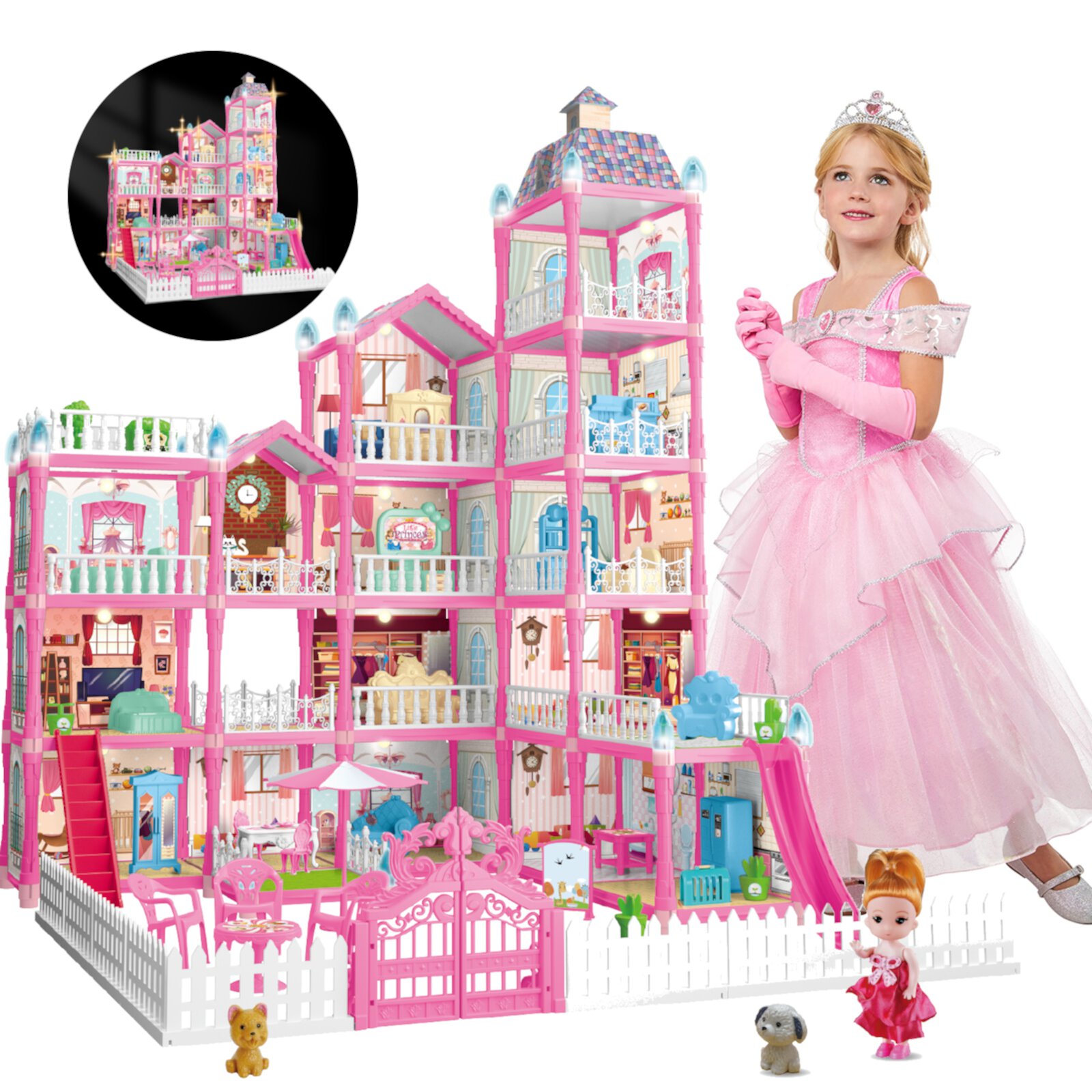 Hot Bee Dollhouse For Toddlers Girls With Lights 14 Rooms Pink Diy Pretend Play Building Playset, Doll House For Kids Girls Age 3+ Gift Hot Bee