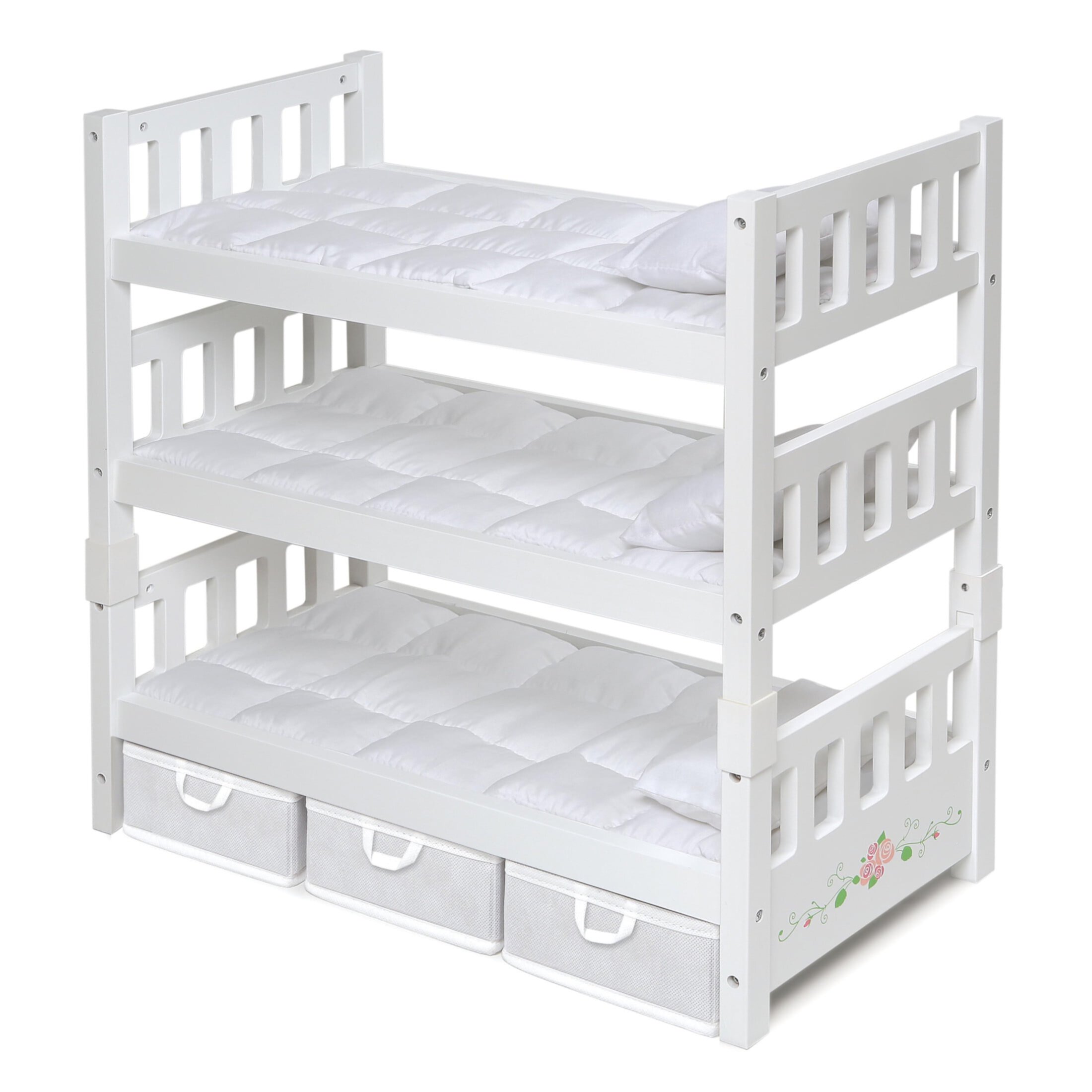 1-2-3 Convertible Doll Bunk Bed with Bedding, Baskets and Free Personalization Kit - White Rose Badger Basket