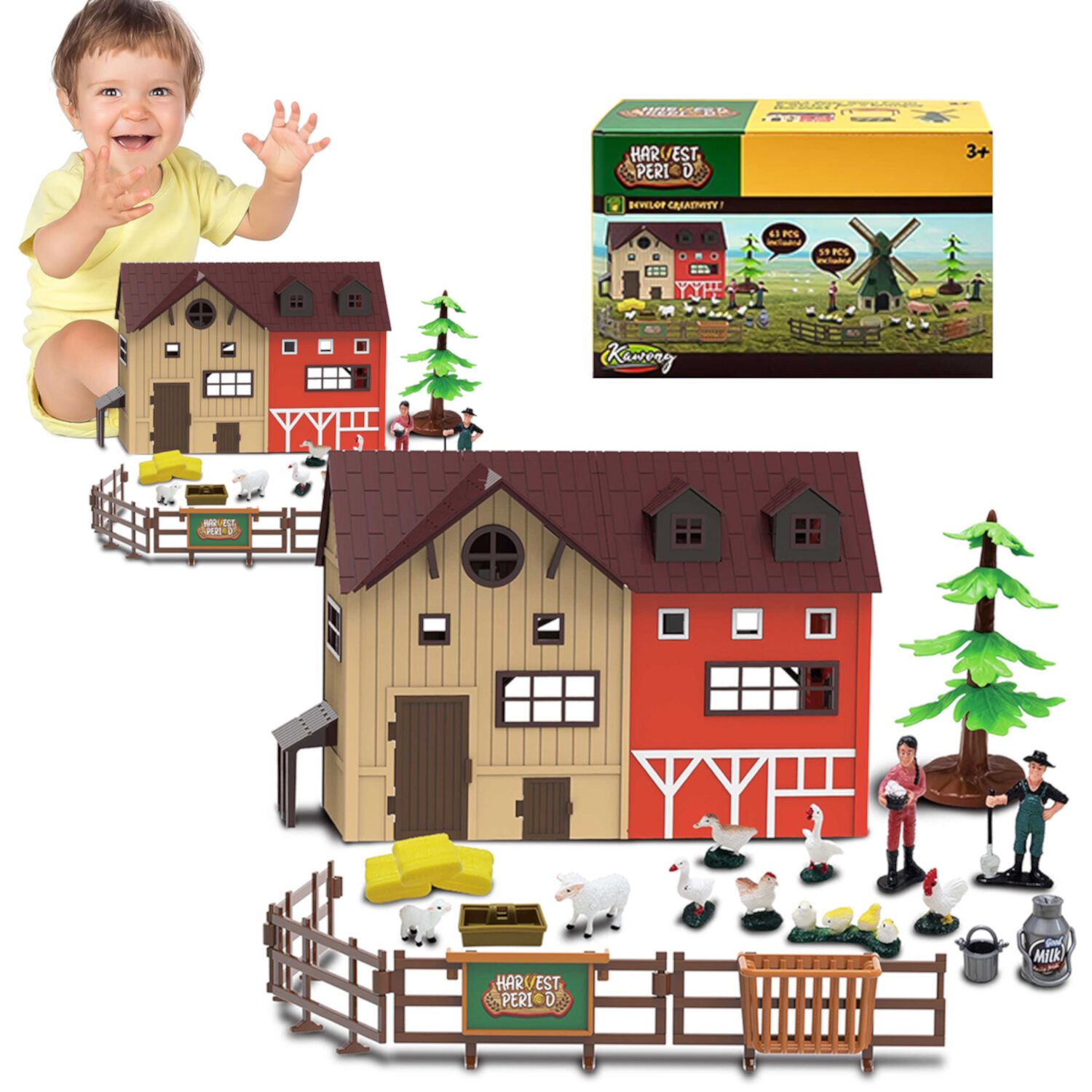 Style-Carry Farm Animals Barn House Toys, 63Pcs Farm Animals Fence Farm Playset, Pretend Play Set Easter Birthday Gifts for Boys Girls 3-8 years Style-Carry