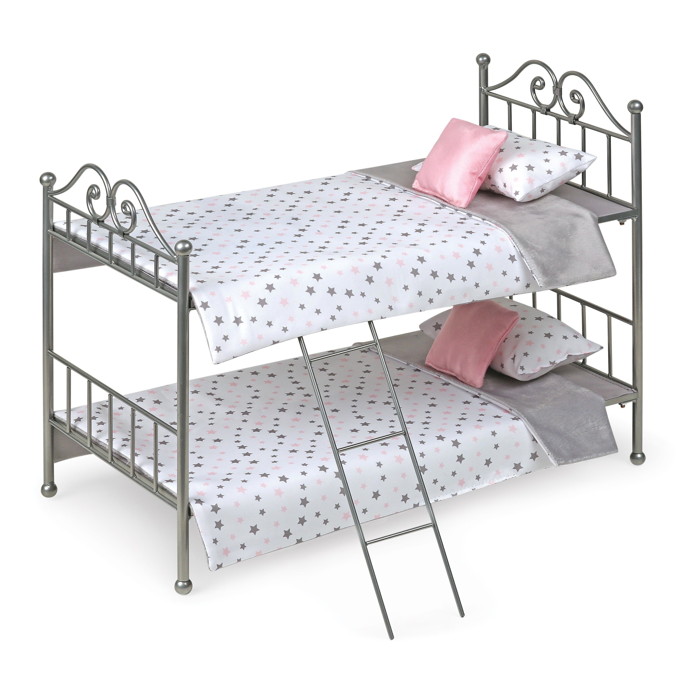 Badger Basket Scrollwork Metal Bunk Bed with Ladder, Bedding for 18 inch Dolls - Silver/Pink Badger Basket